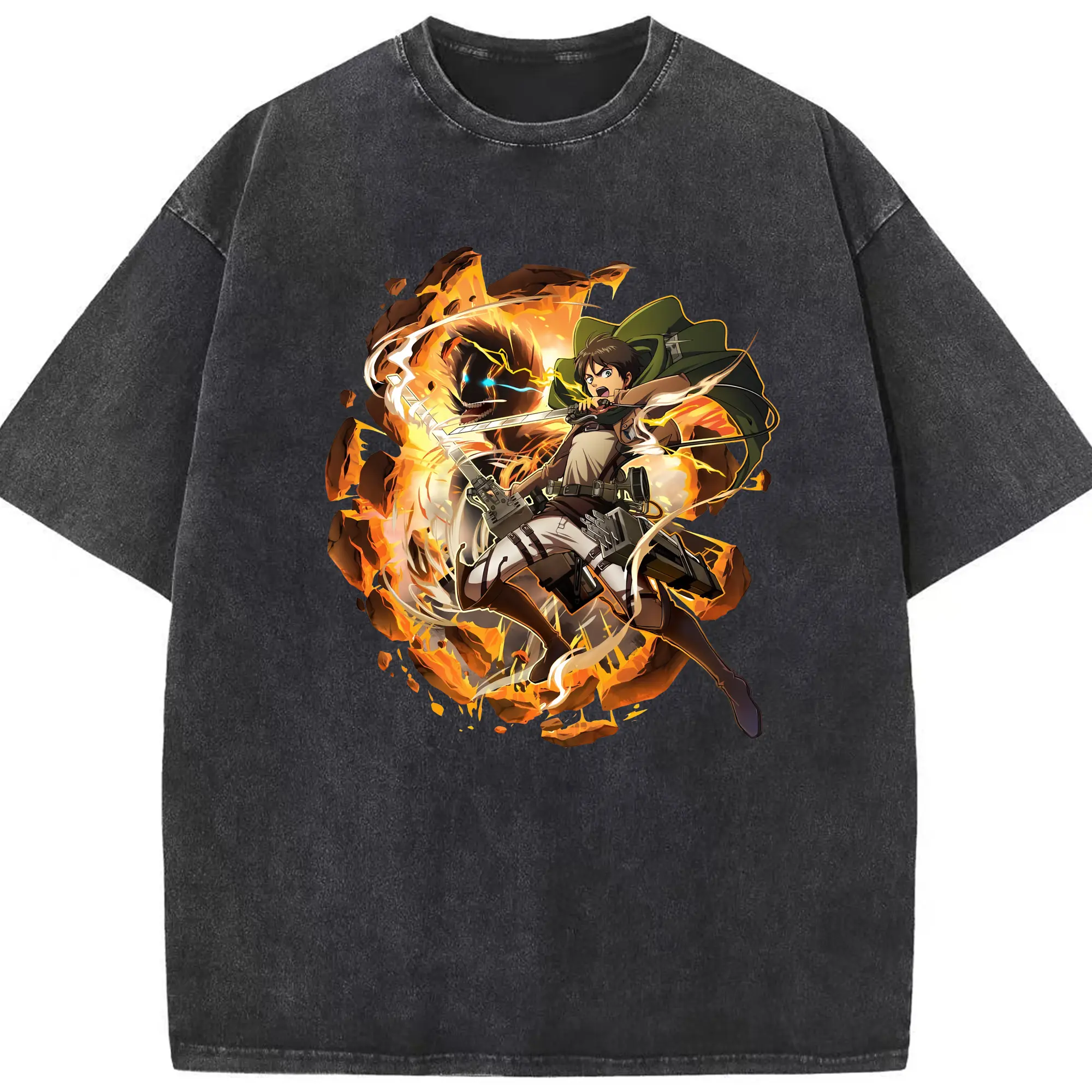 進撃の巨人 グッズ エレン・イェーガー - 綿100％ ヴィンテージ風 半袖Tシャツ ・ フロントプリント ・ 柔らか肌触り ・ 通気性 快適 ・ スポーツ カジュアル 外出用