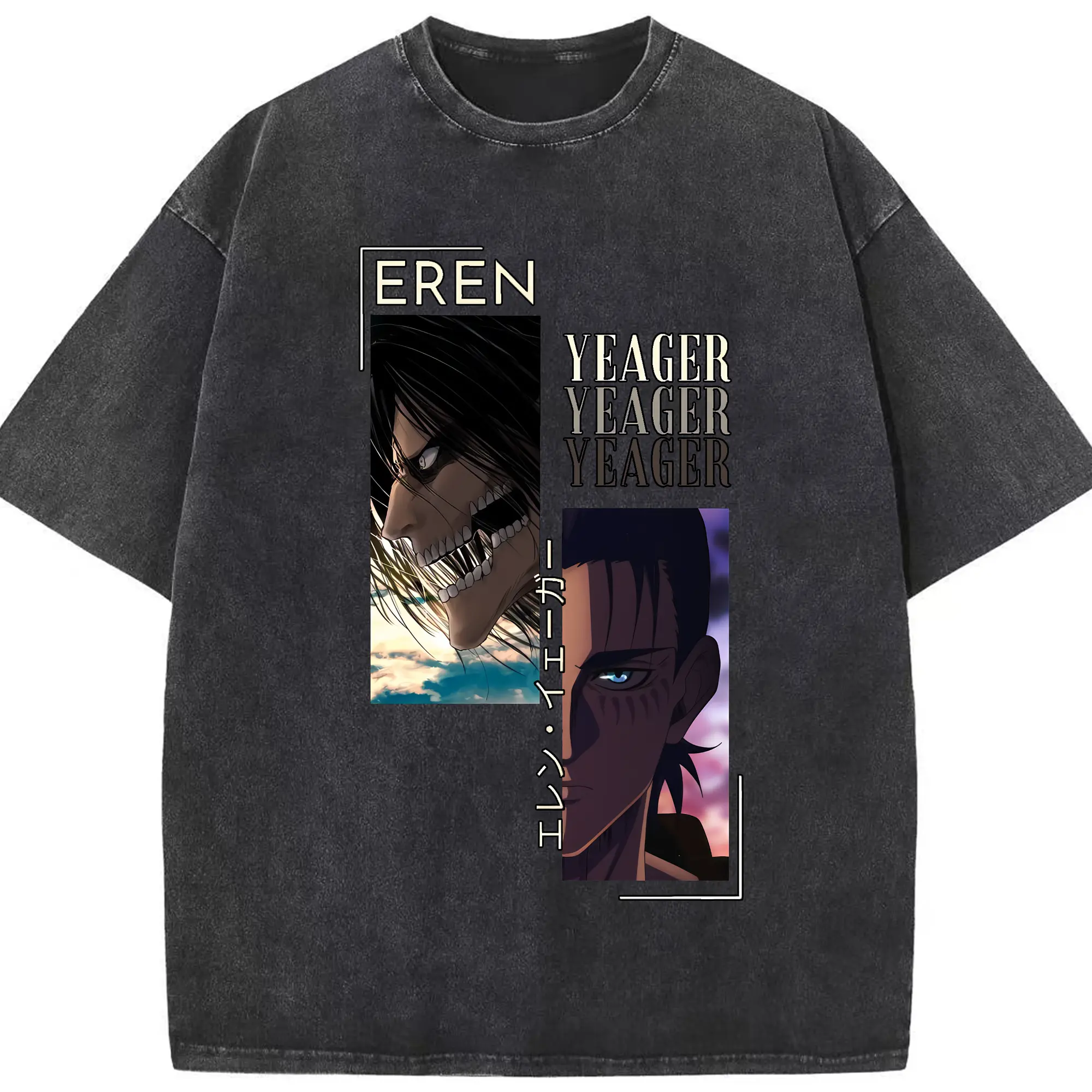 進撃の巨人 グッズ エレン・イェーガー - 綿100％ ヴィンテージ風 半袖Tシャツ ・ フロントプリント ・ 柔らか肌触り ・ 通気性 快適 ・ スポーツ カジュアル 外出用