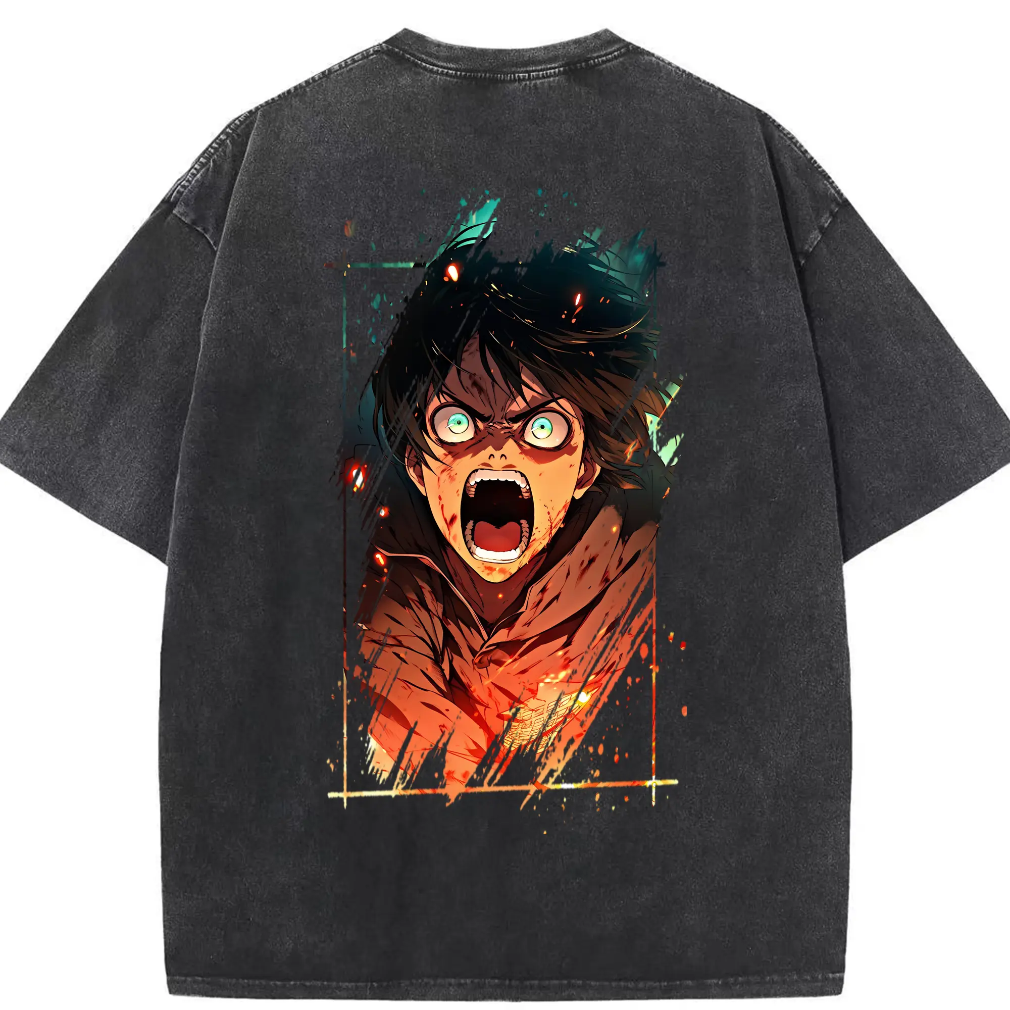 進撃の巨人 グッズ エレン・イェーガー - 綿100％ ヴィンテージ風 半袖Tシャツ ・ 背面プリント ・ 柔らか肌触り ・ 通気性 快適 ・ スポーツ カジュアル 外出用