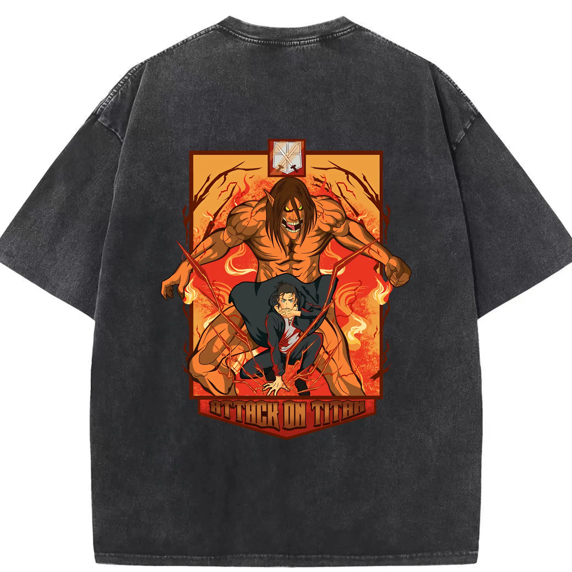 進撃の巨人 グッズ エレン・イェーガー - 綿100％ ヴィンテージ風 半袖Tシャツ ・ 背面プリント ・ 柔らか肌触り ・ 通気性 快適 ・ スポーツ カジュアル 外出用