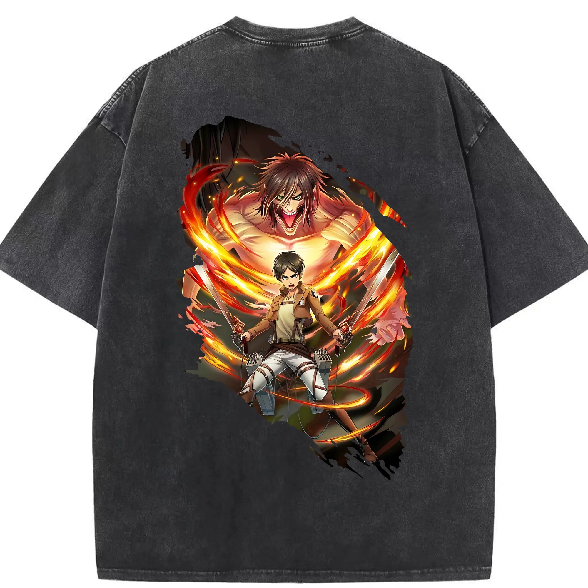 進撃の巨人 グッズ エレン・イェーガー - 綿100％ ヴィンテージ風 半袖Tシャツ ・ 背面プリント ・ 柔らか肌触り ・ 通気性 快適 ・ スポーツ カジュアル 外出用