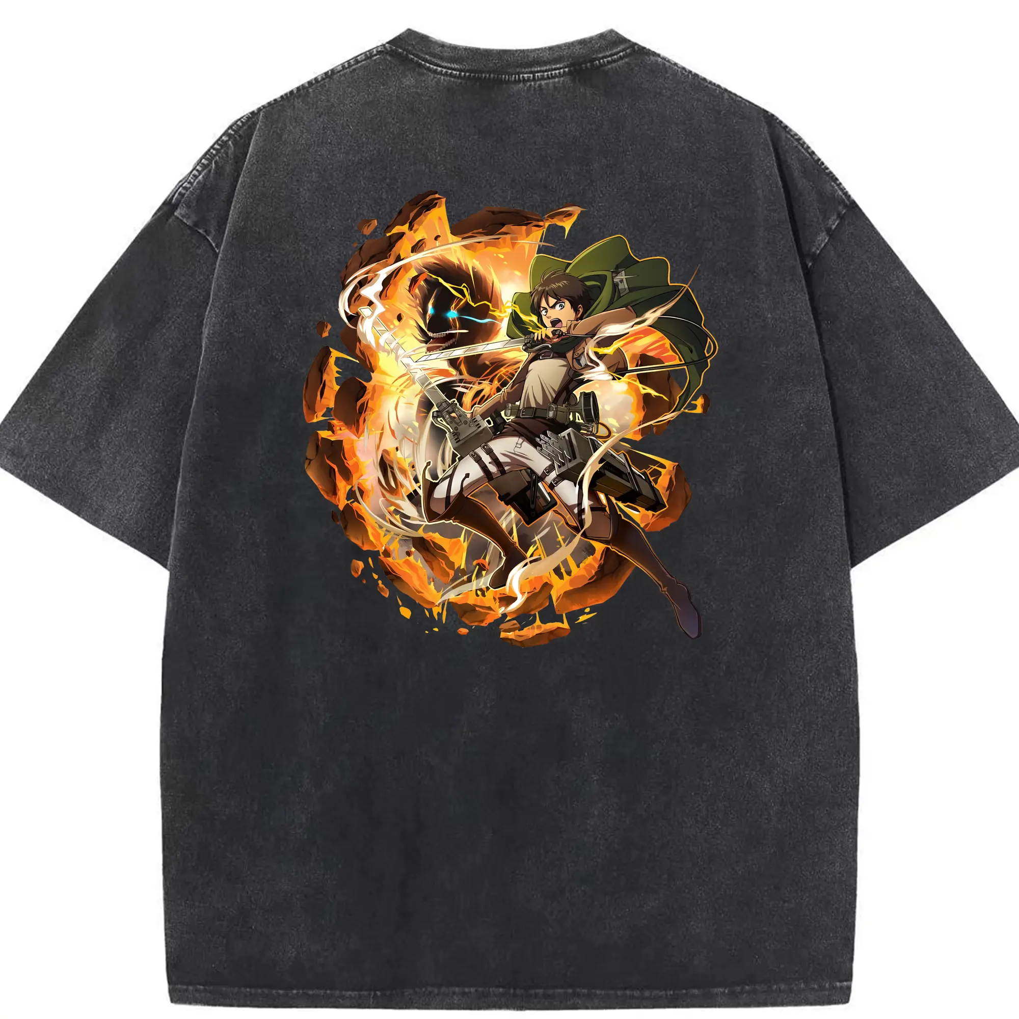 進撃の巨人 グッズ エレン・イェーガー - 綿100％ ヴィンテージ風 半袖Tシャツ ・ 背面プリント ・ 柔らか肌触り ・ 通気性 快適 ・ スポーツ カジュアル 外出用