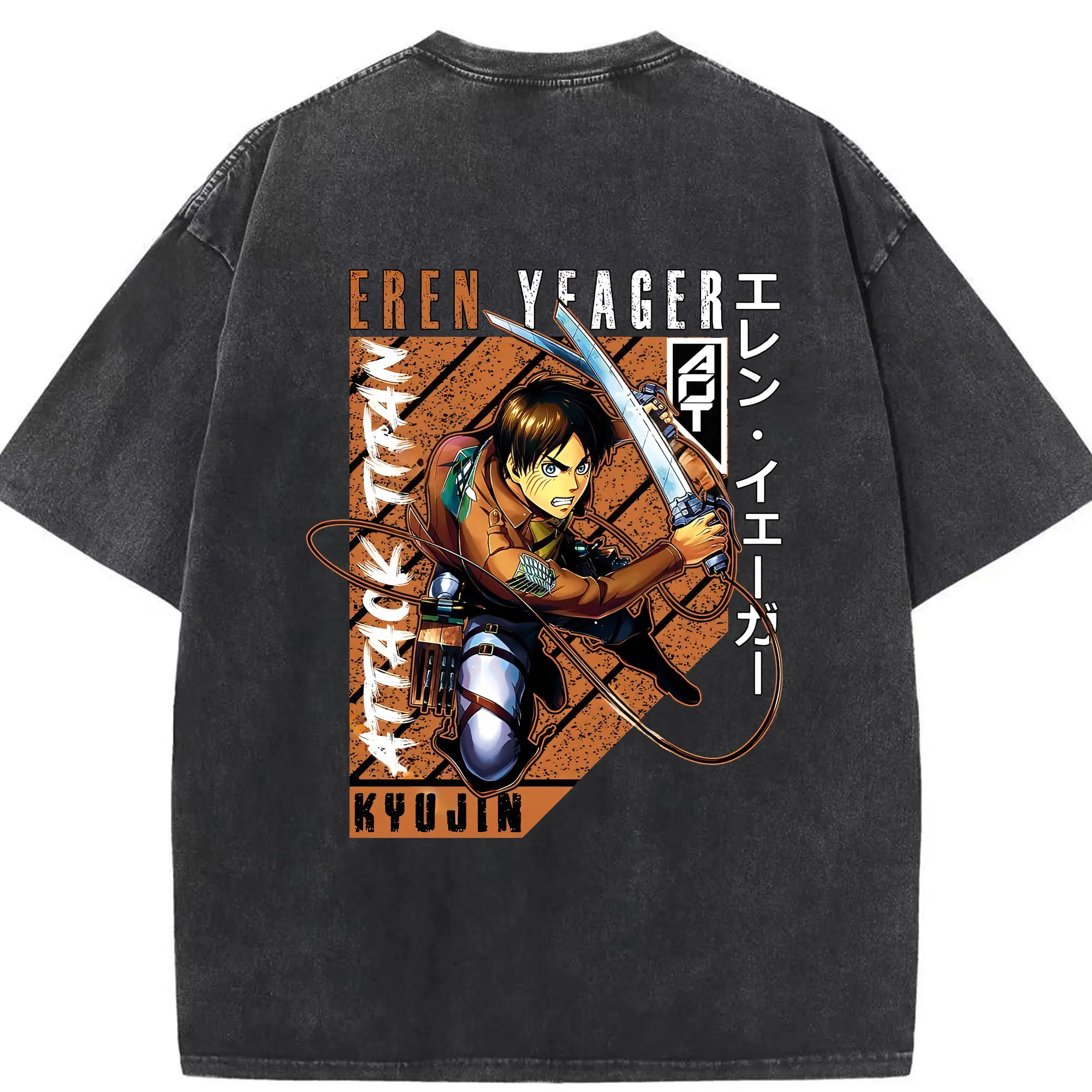 進撃の巨人 グッズ エレン・イェーガー - 綿100％ ヴィンテージ風 半袖Tシャツ ・ 背面プリント ・ 柔らか肌触り ・ 通気性 快適 ・ スポーツ カジュアル 外出用