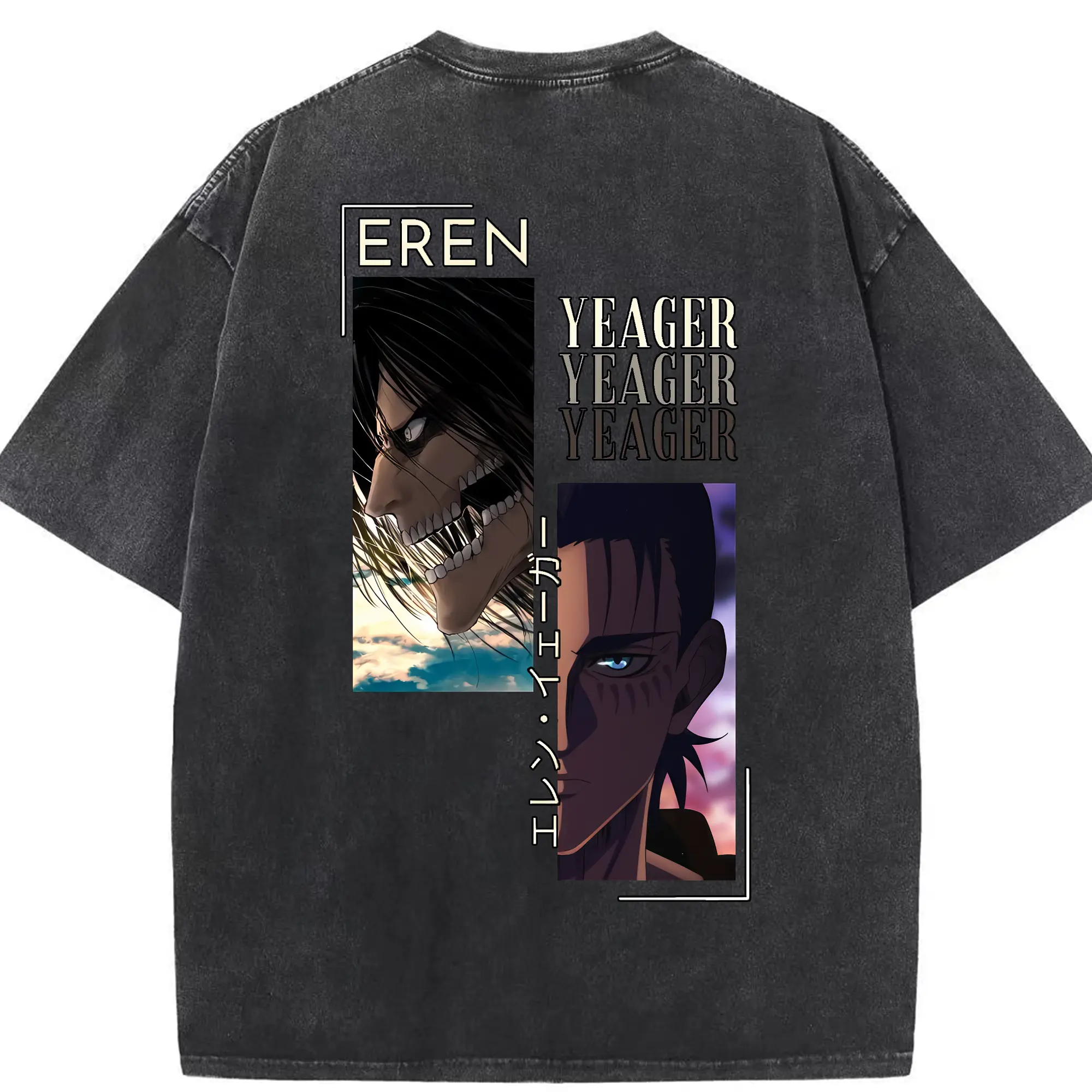 進撃の巨人 グッズ エレン・イェーガー - 綿100％ ヴィンテージ風 半袖Tシャツ ・ 背面プリント ・ 柔らか肌触り ・ 通気性 快適 ・ スポーツ カジュアル 外出用