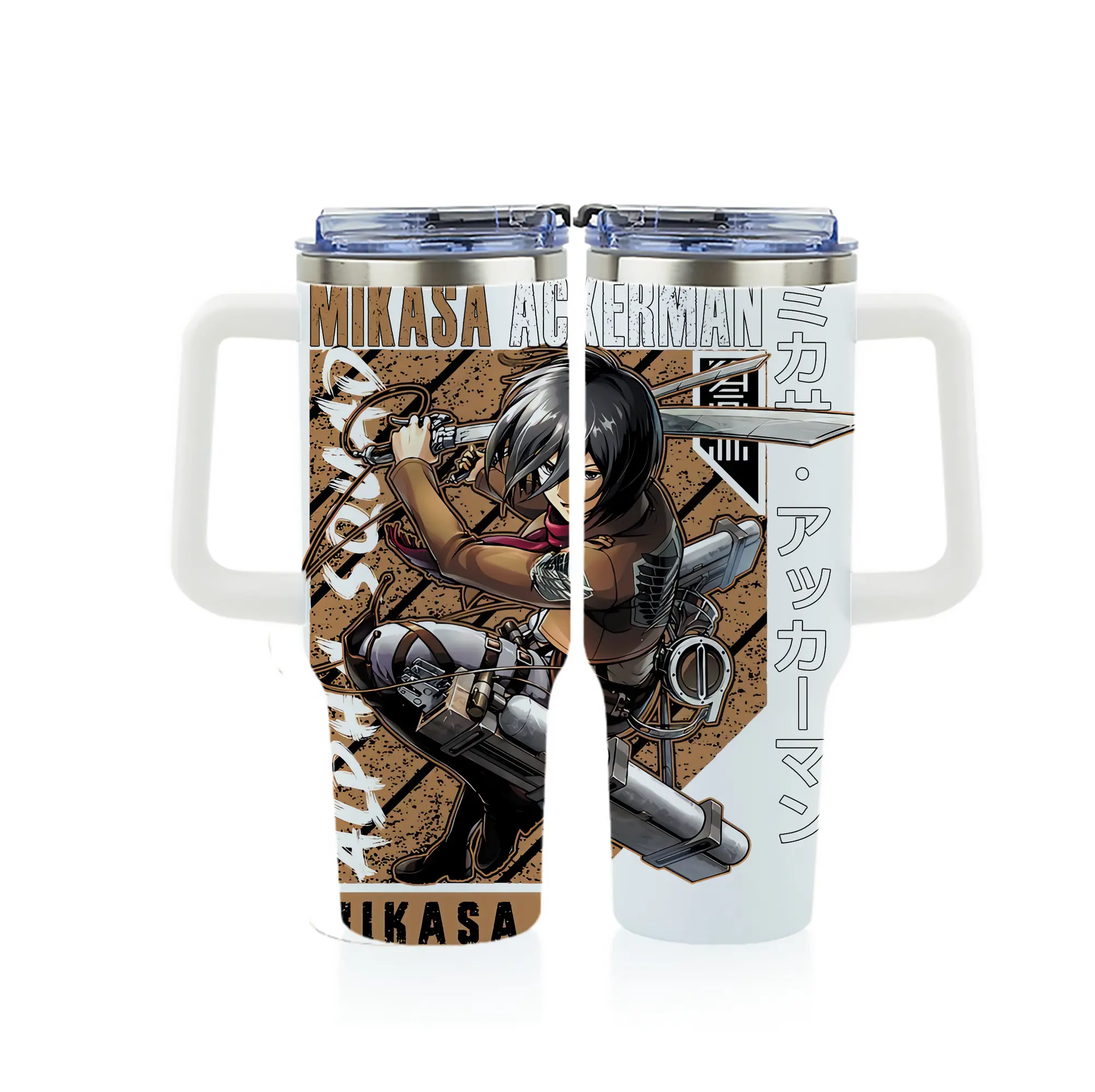 進撃の巨人 グッズ ミカサ・アッカーマン - 1200mL フルプリント車用タンブラー ・ 304ステンレス 内側 ・ 201ステンレス 外側 ・ 保温 保冷 ・ 通勤 ドライブ アウトドア用
