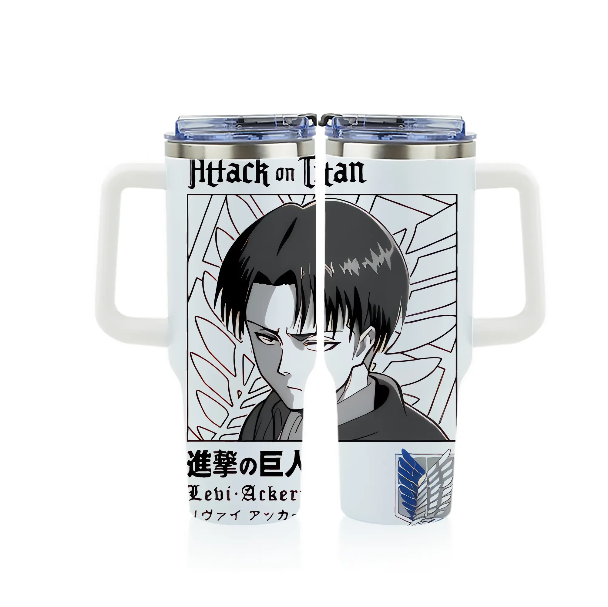 進撃の巨人 グッズ リヴァイ・アッカーマン - 1200mL フルプリント車用タンブラー ・ 304ステンレス 内側 ・ 201ステンレス 外側 ・ 保温 保冷 ・ 通勤 ドライブ アウトドア用