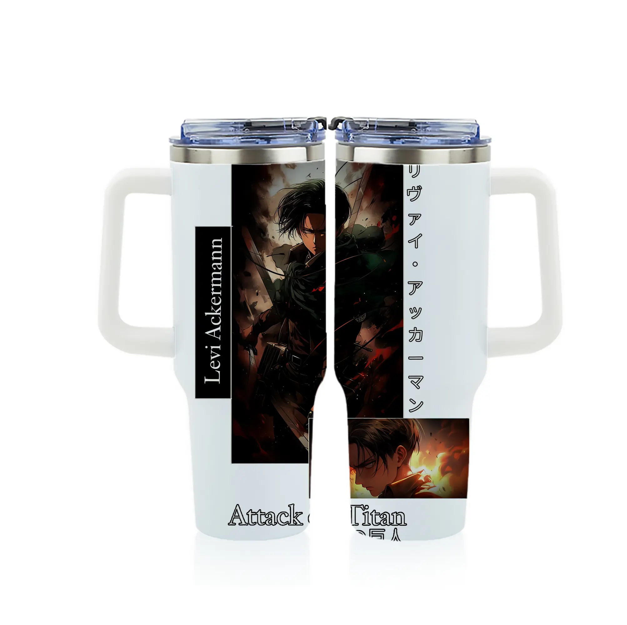 進撃の巨人 グッズ リヴァイ・アッカーマン - 1200mL フルプリント車用タンブラー ・ 304ステンレス 内側 ・ 201ステンレス 外側 ・ 保温 保冷 ・ 通勤 ドライブ アウトドア用