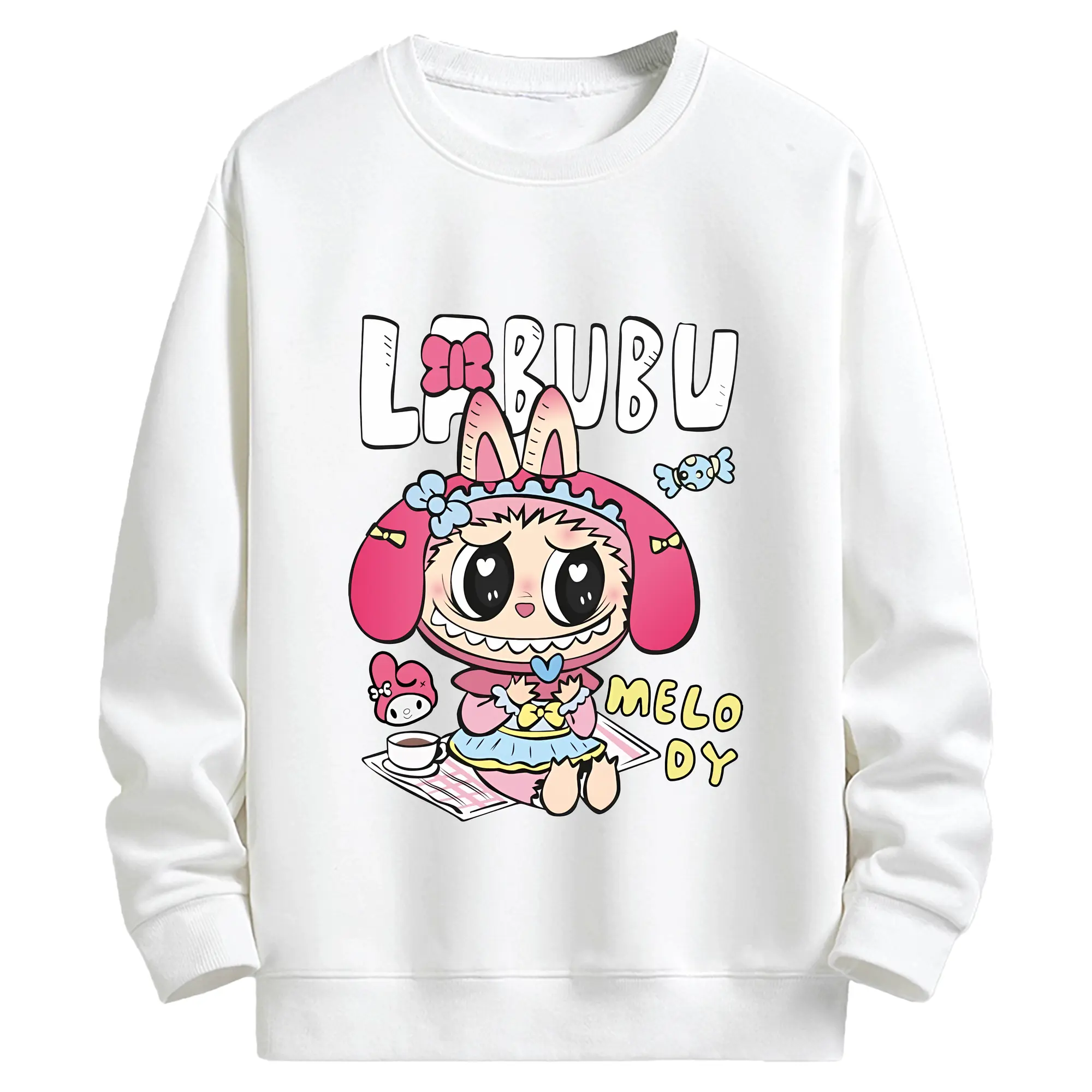 ラブブ グッズ モココ - キッズ クルーネックスウェットシャツ ・ フロントプリント ・ 綿80％ ポリエステル20％ ・ 快適 通学 スポーツ 日常使い お散歩用