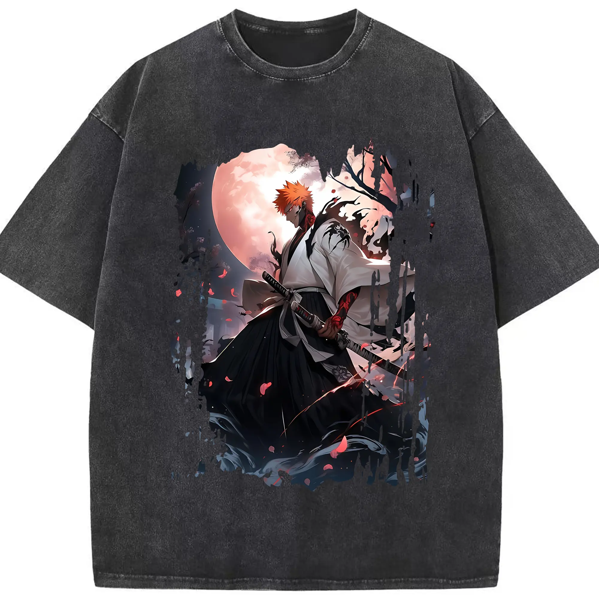 ブリーチ グッズ 黒崎 一護 - 綿100％ ヴィンテージ風 半袖Tシャツ ・ フロントプリント ・ 柔らか肌触り ・ 通気性 快適 ・ スポーツ カジュアル 外出用