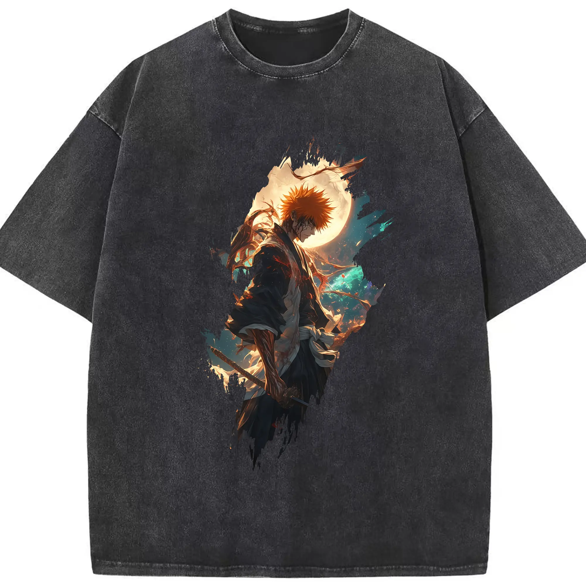 ブリーチ グッズ 黒崎 一護 - 綿100％ ヴィンテージ風 半袖Tシャツ ・ フロントプリント ・ 柔らか肌触り ・ 通気性 快適 ・ スポーツ カジュアル 外出用