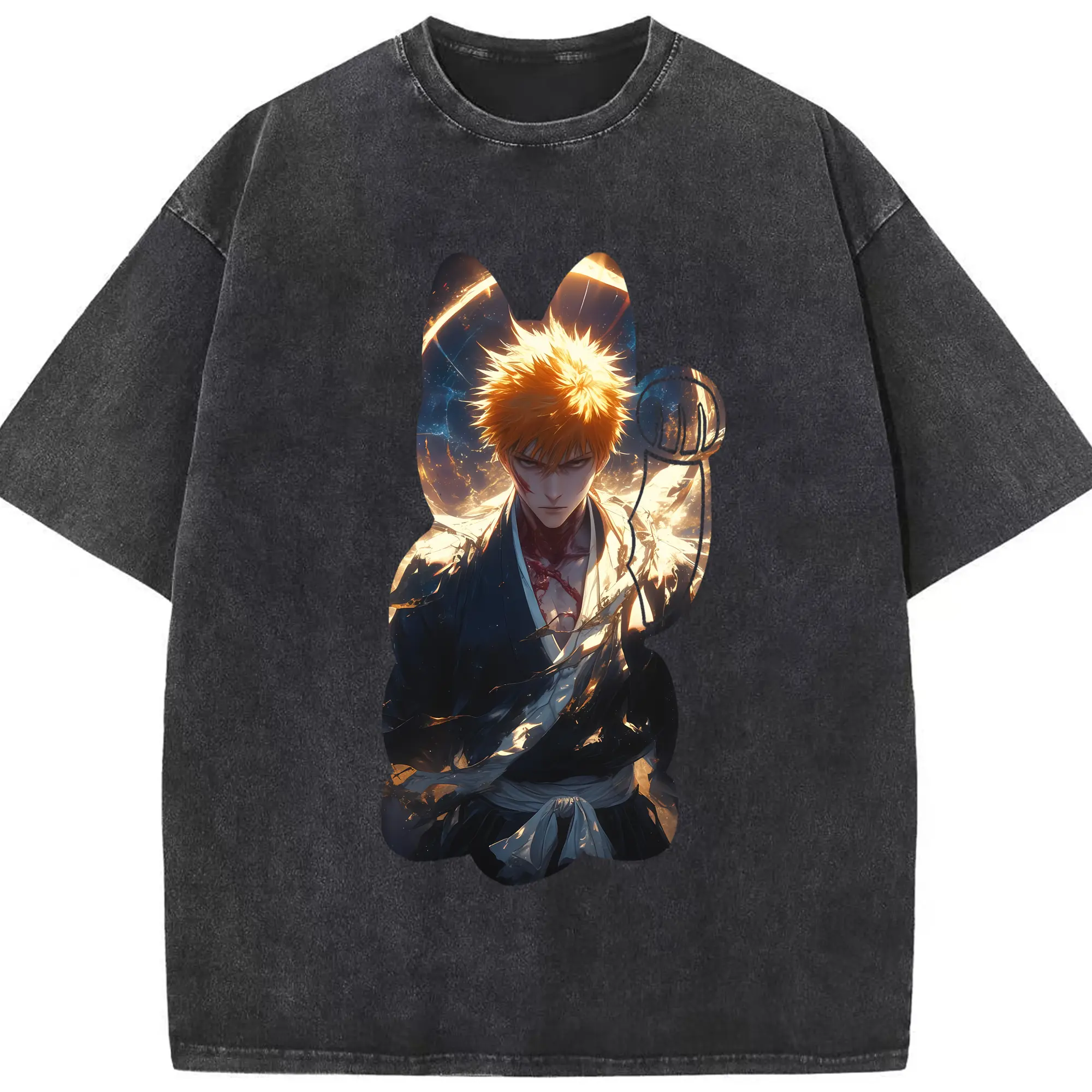 ブリーチ グッズ 黒崎 一護 - 綿100％ ヴィンテージ風 半袖Tシャツ ・ フロントプリント ・ 柔らか肌触り ・ 通気性 快適 ・ スポーツ カジュアル 外出用