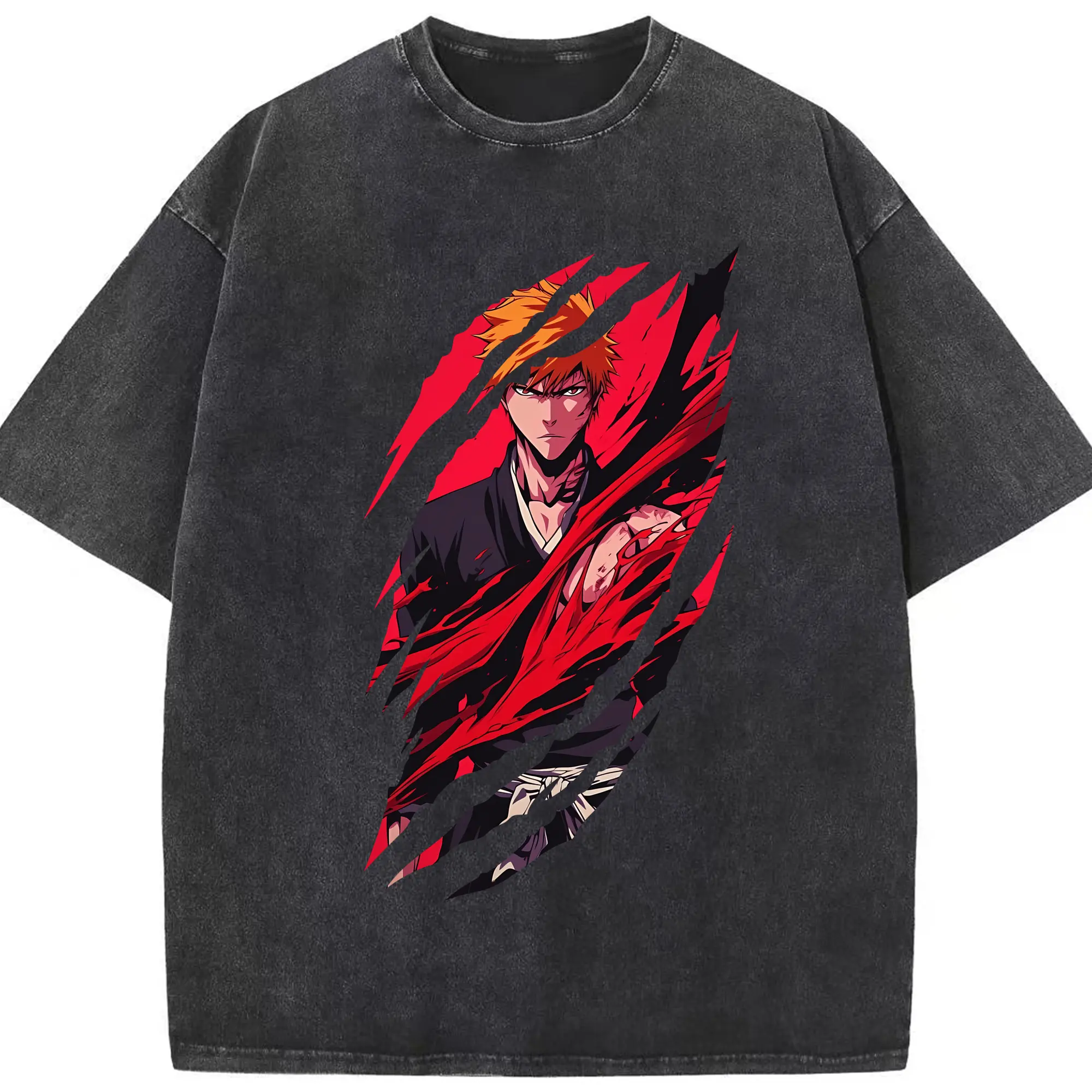 ブリーチ グッズ 黒崎 一護 - 綿100％ ヴィンテージ風 半袖Tシャツ ・ フロントプリント ・ 柔らか肌触り ・ 通気性 快適 ・ スポーツ カジュアル 外出用