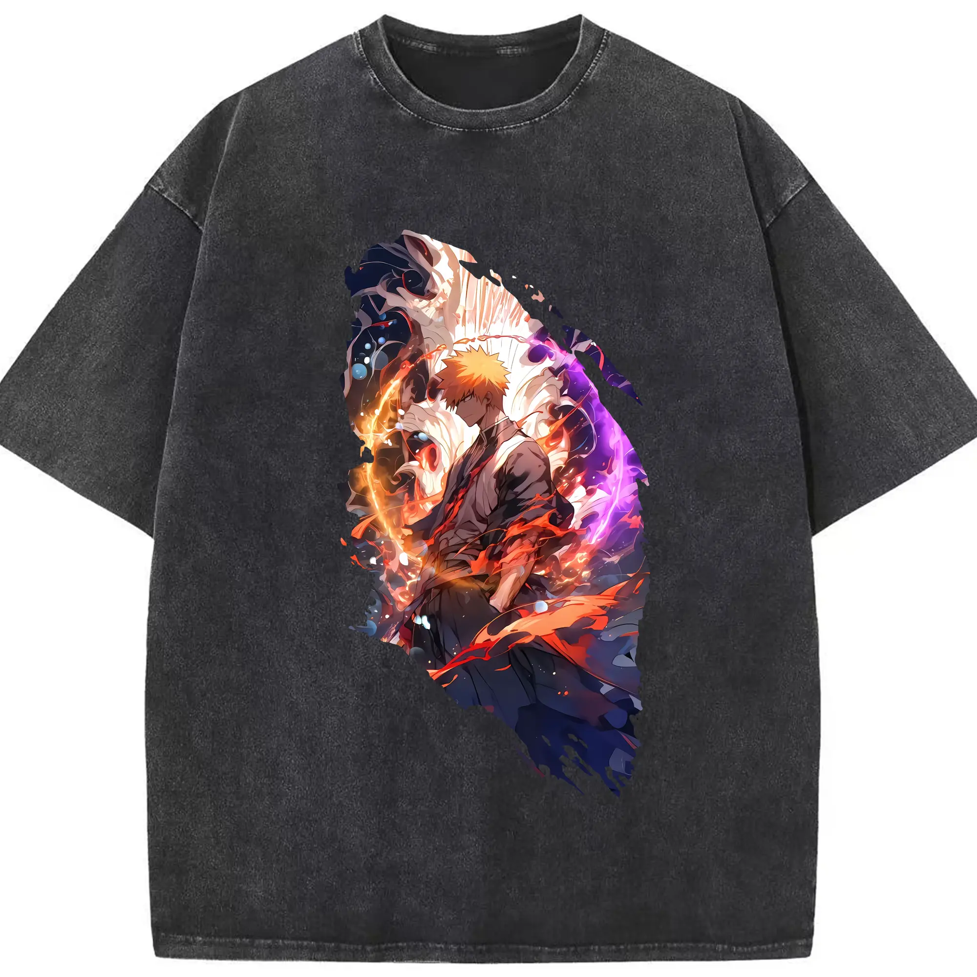 ブリーチ グッズ 黒崎 一護 - 綿100％ ヴィンテージ風 半袖Tシャツ ・ フロントプリント ・ 柔らか肌触り ・ 通気性 快適 ・ スポーツ カジュアル 外出用