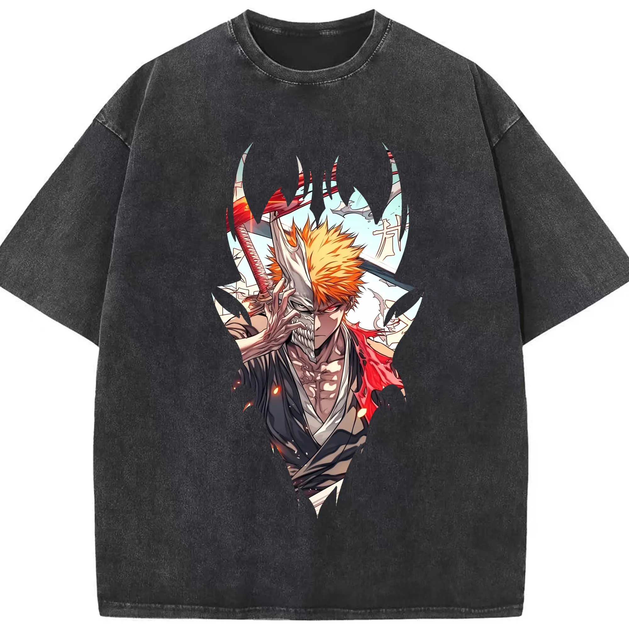 ブリーチ グッズ 黒崎 一護 - 綿100％ ヴィンテージ風 半袖Tシャツ ・ フロントプリント ・ 柔らか肌触り ・ 通気性 快適 ・ スポーツ カジュアル 外出用