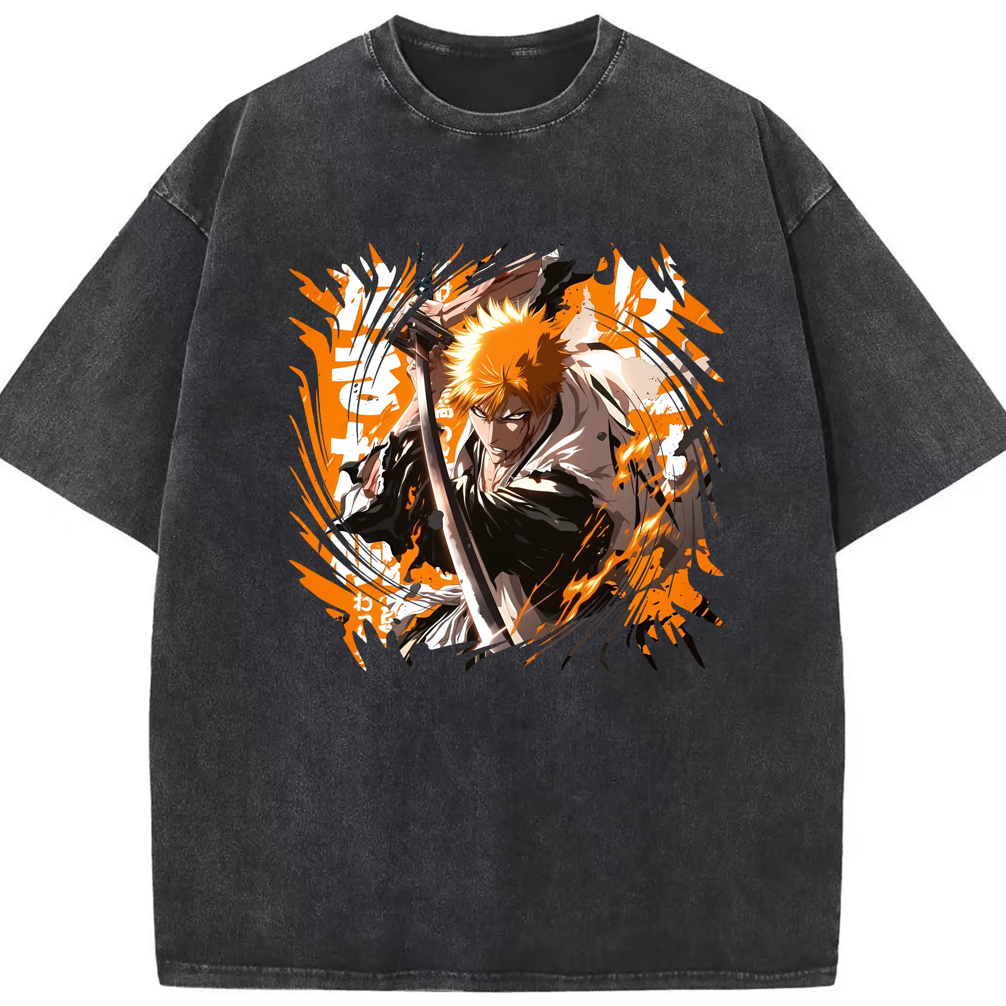 ブリーチ グッズ 黒崎 一護 - 綿100％ ヴィンテージ風 半袖Tシャツ ・ フロントプリント ・ 柔らか肌触り ・ 通気性 快適 ・ スポーツ カジュアル 外出用