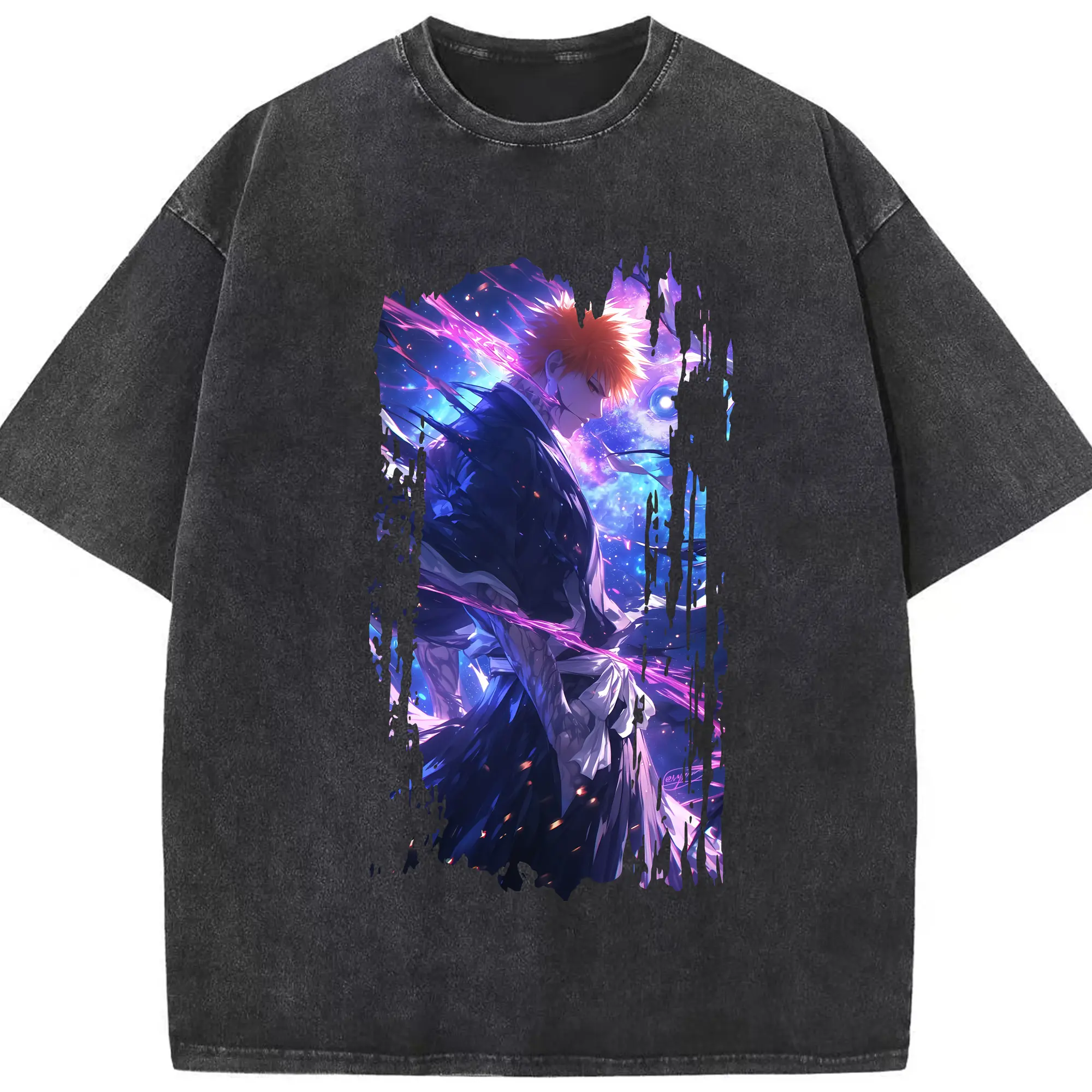 ブリーチ グッズ 黒崎 一護 - 綿100％ ヴィンテージ風 半袖Tシャツ ・ フロントプリント ・ 柔らか肌触り ・ 通気性 快適 ・ スポーツ カジュアル 外出用