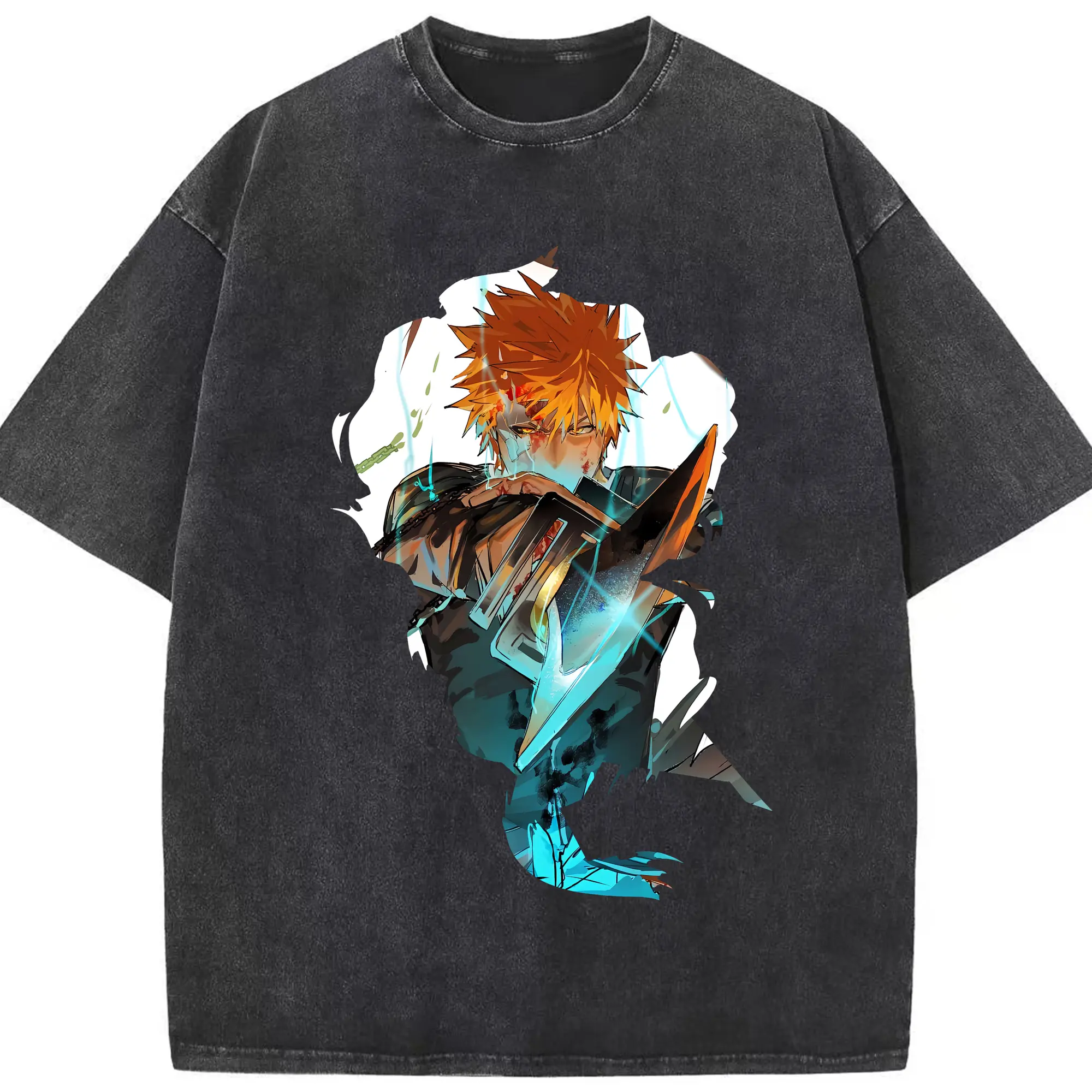 ブリーチ グッズ 黒崎 一護 - 綿100％ ヴィンテージ風 半袖Tシャツ ・ フロントプリント ・ 柔らか肌触り ・ 通気性 快適 ・ スポーツ カジュアル 外出用