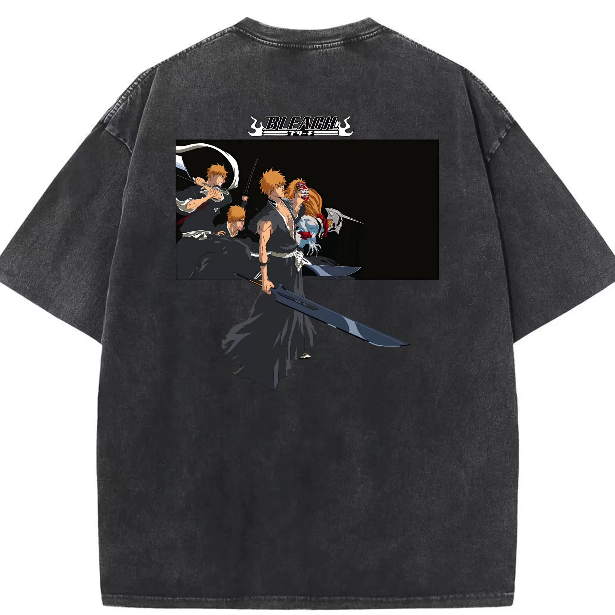 ブリーチ グッズ 黒崎 一護 - 綿100％ ヴィンテージ風 半袖Tシャツ ・ 背面プリント ・ 柔らか肌触り ・ 通気性 快適 ・ スポーツ カジュアル 外出用