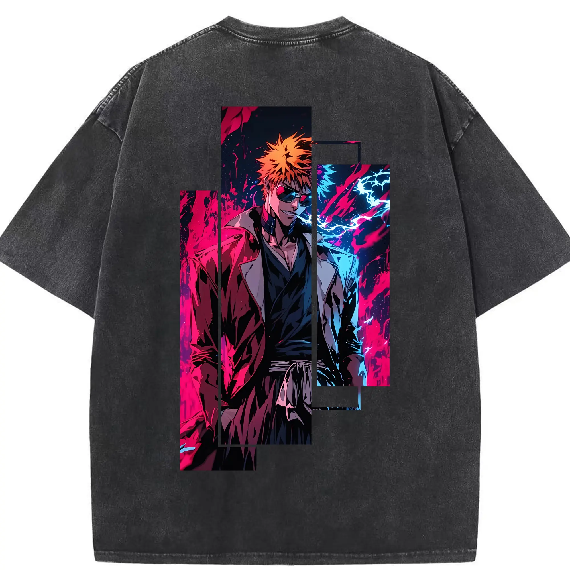 ブリーチ グッズ 黒崎 一護 - 綿100％ ヴィンテージ風 半袖Tシャツ ・ 背面プリント ・ 柔らか肌触り ・ 通気性 快適 ・ スポーツ カジュアル 外出用