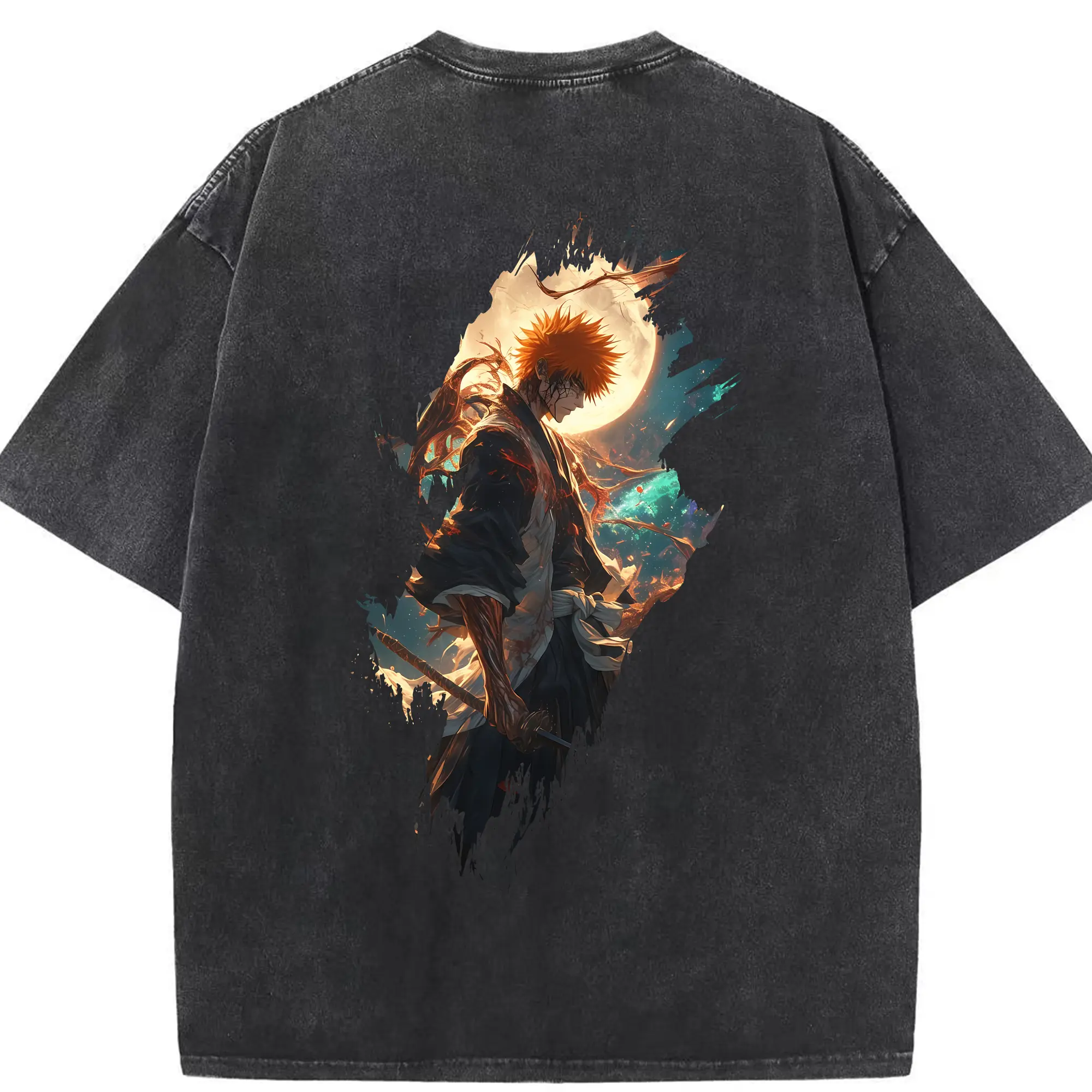 ブリーチ グッズ 黒崎 一護 - 綿100％ ヴィンテージ風 半袖Tシャツ ・ 背面プリント ・ 柔らか肌触り ・ 通気性 快適 ・ スポーツ カジュアル 外出用