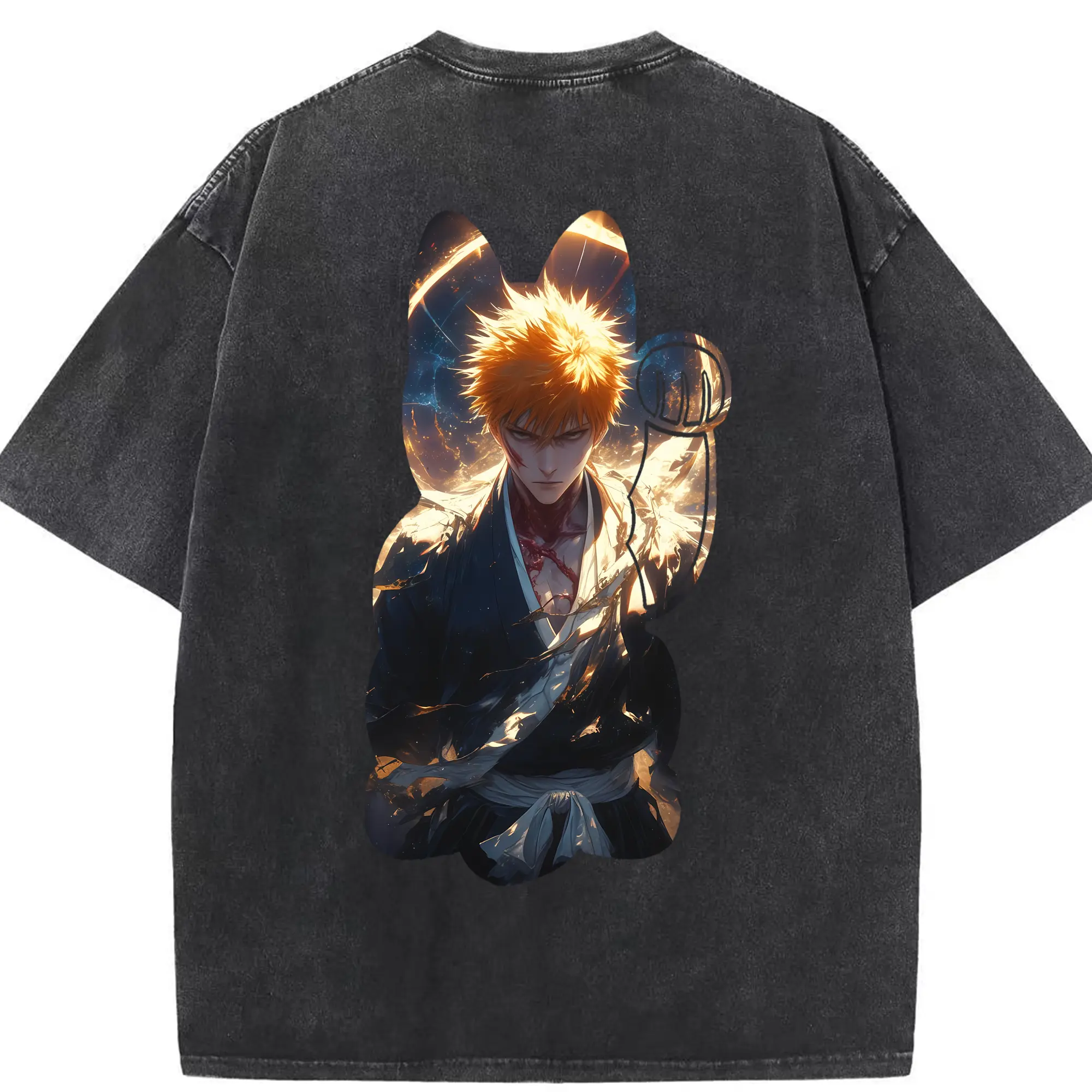ブリーチ グッズ 黒崎 一護 - 綿100％ ヴィンテージ風 半袖Tシャツ ・ 背面プリント ・ 柔らか肌触り ・ 通気性 快適 ・ スポーツ カジュアル 外出用