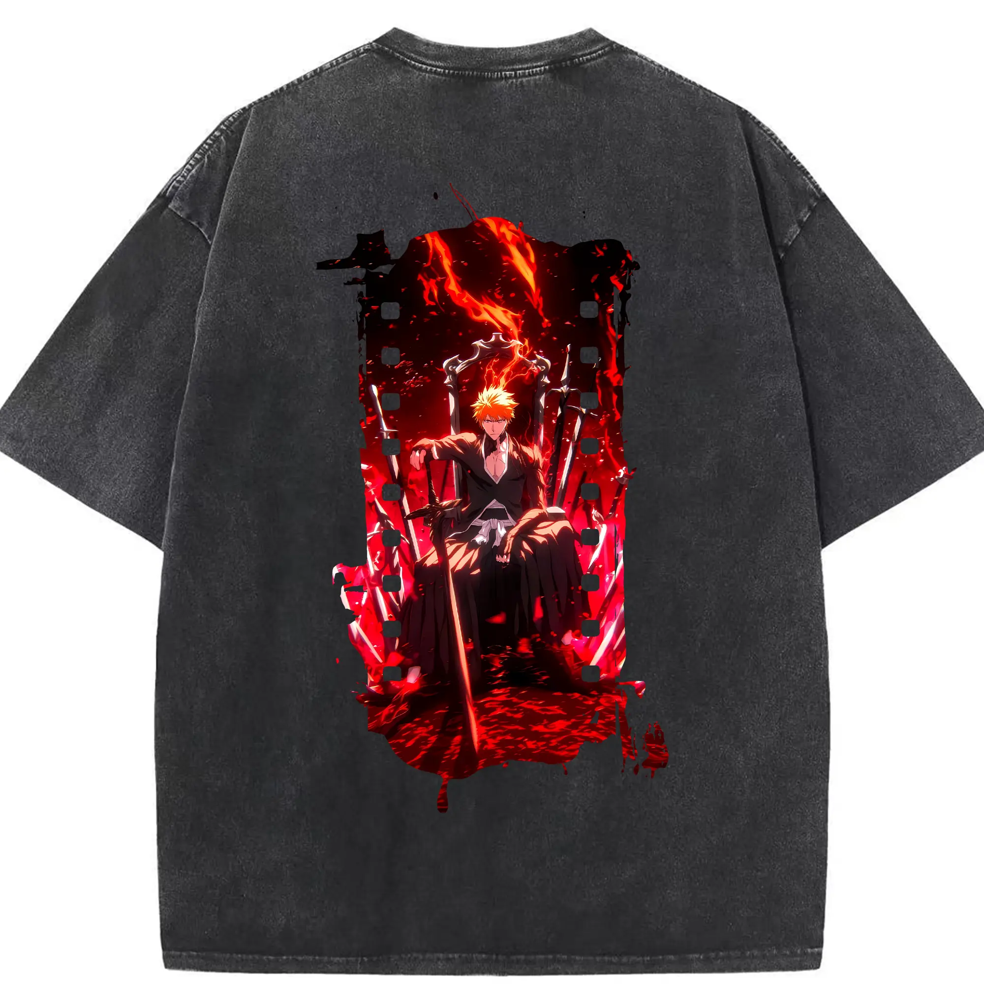 ブリーチ グッズ 黒崎 一護 - 綿100％ ヴィンテージ風 半袖Tシャツ ・ 背面プリント ・ 柔らか肌触り ・ 通気性 快適 ・ スポーツ カジュアル 外出用