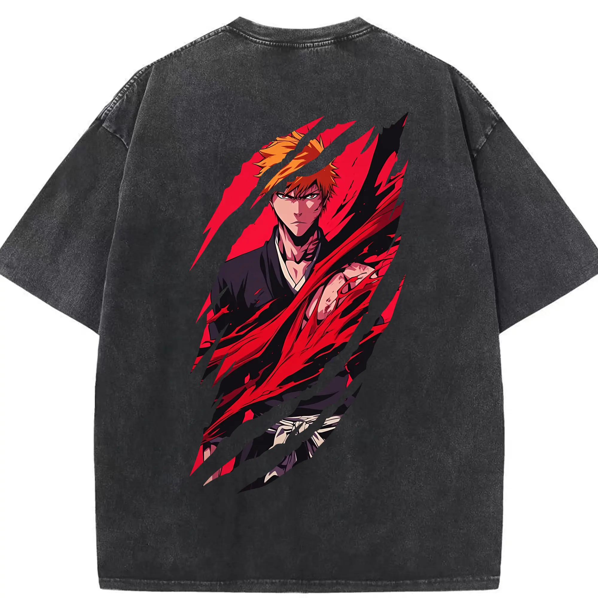 ブリーチ グッズ 黒崎 一護 - 綿100％ ヴィンテージ風 半袖Tシャツ ・ 背面プリント ・ 柔らか肌触り ・ 通気性 快適 ・ スポーツ カジュアル 外出用