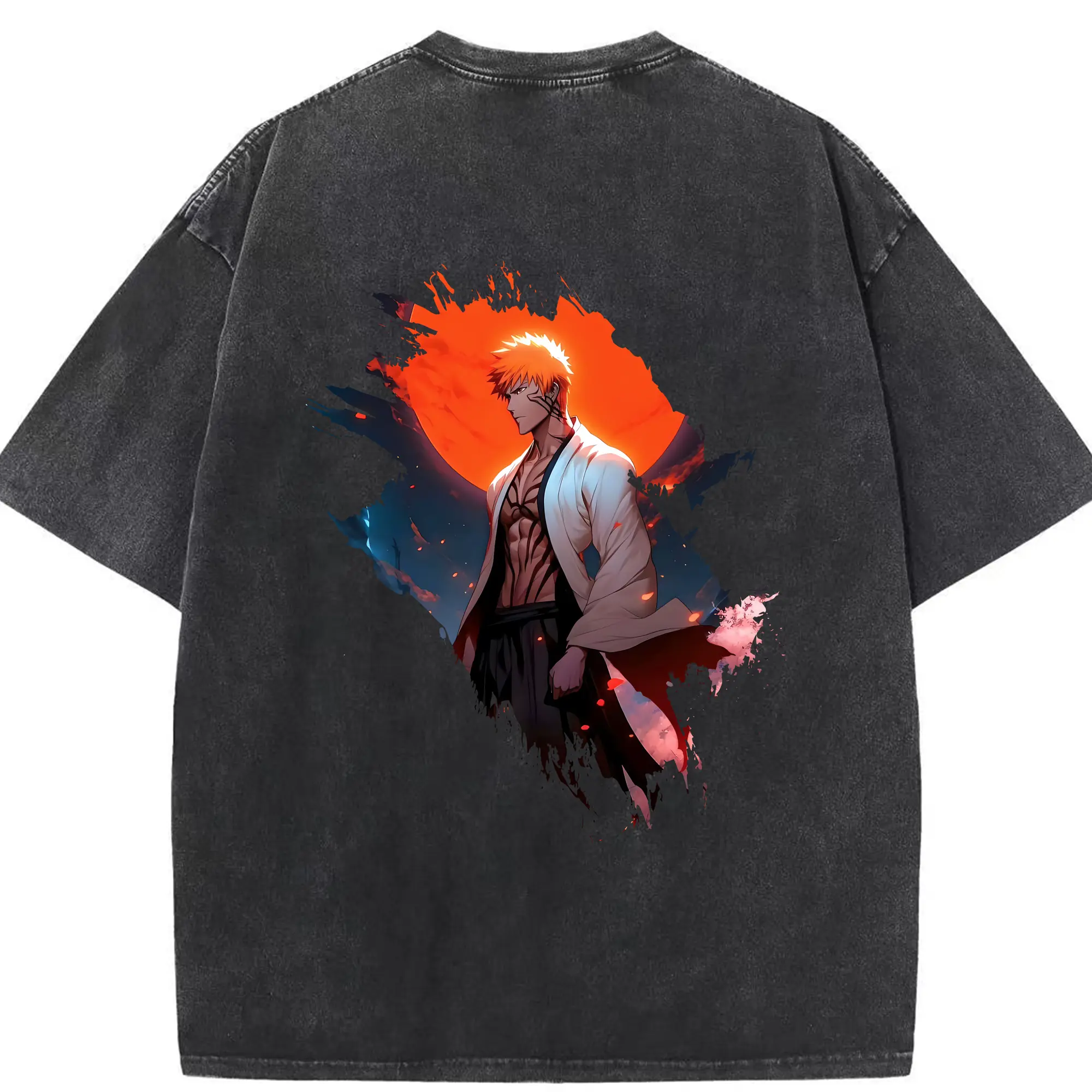 ブリーチ グッズ 黒崎 一護 - 綿100％ ヴィンテージ風 半袖Tシャツ ・ 背面プリント ・ 柔らか肌触り ・ 通気性 快適 ・ スポーツ カジュアル 外出用