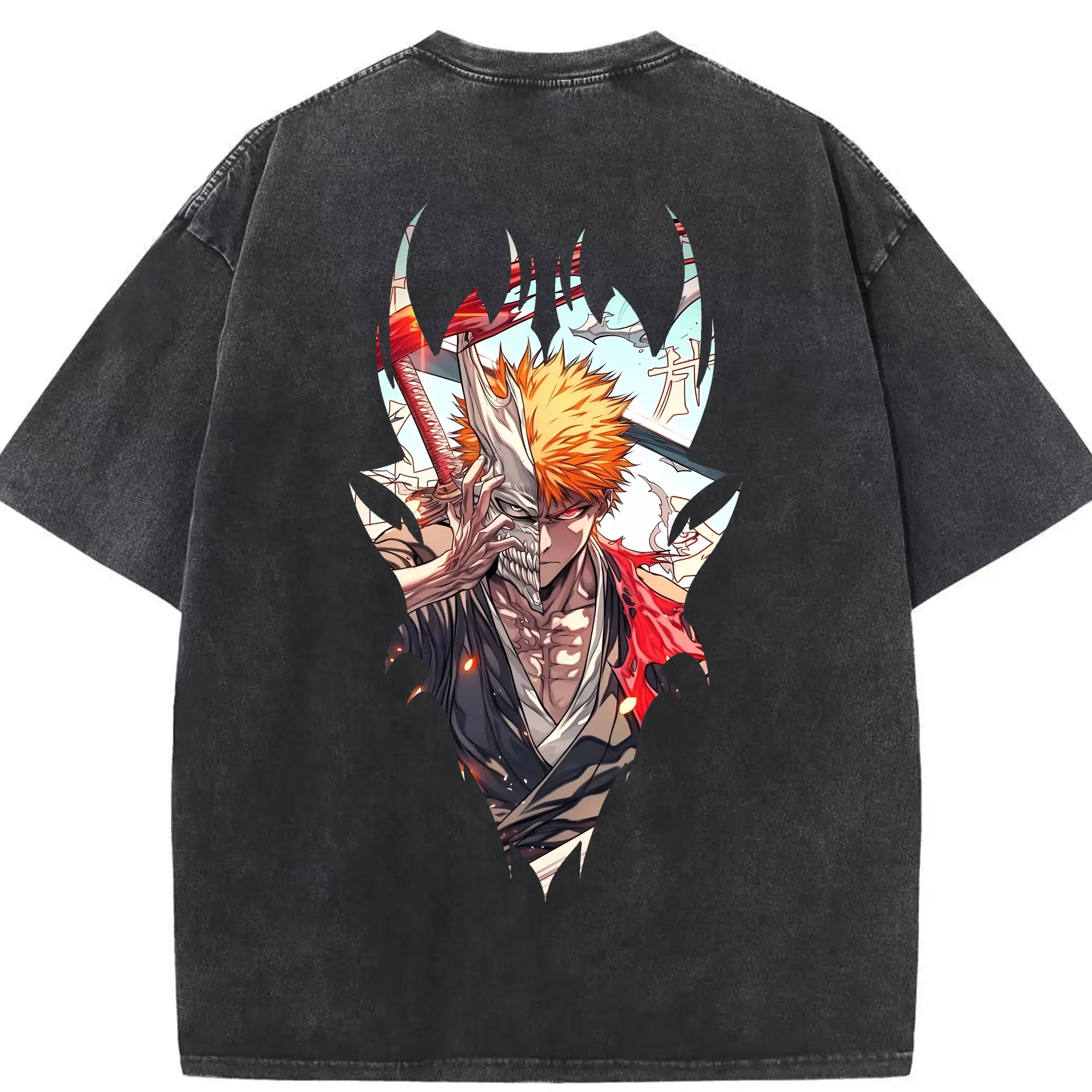 ブリーチ グッズ 黒崎 一護 - 綿100％ ヴィンテージ風 半袖Tシャツ ・ 背面プリント ・ 柔らか肌触り ・ 通気性 快適 ・ スポーツ カジュアル 外出用