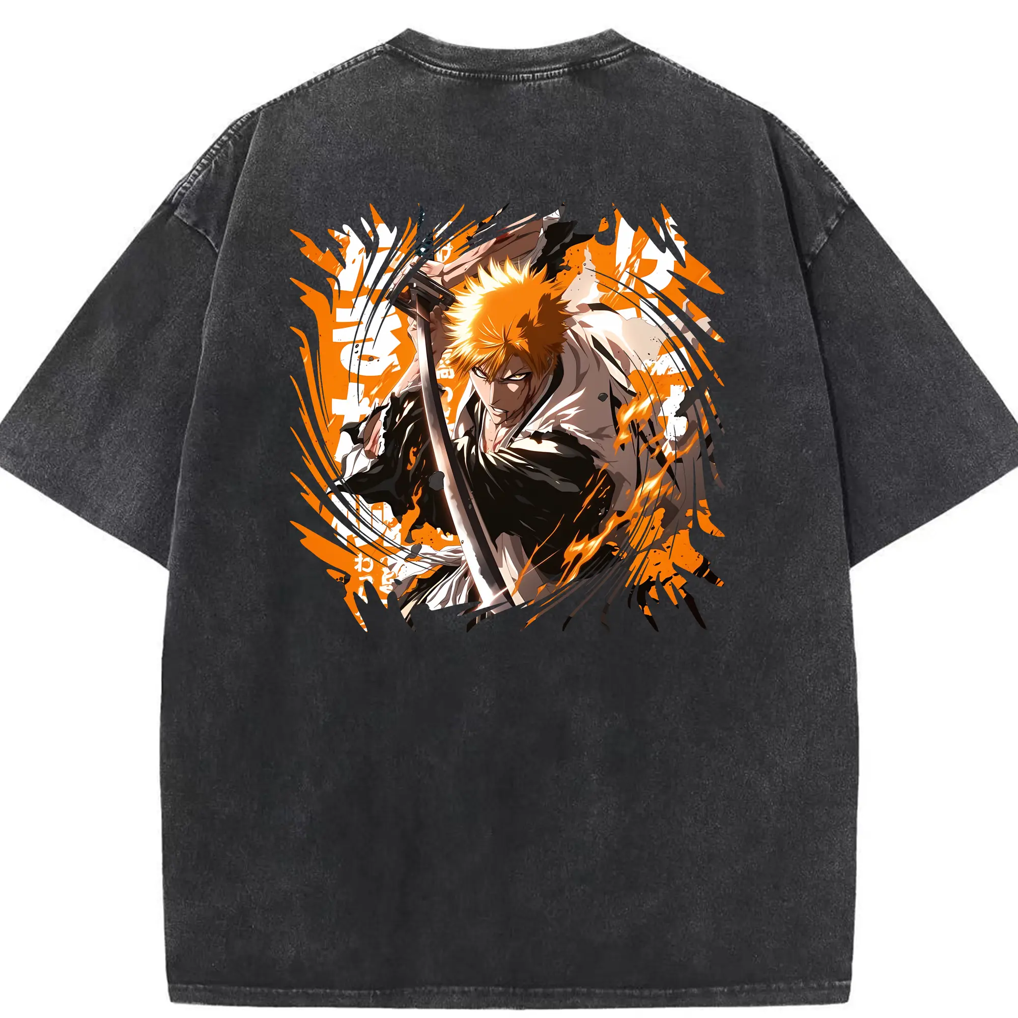 ブリーチ グッズ 黒崎 一護 - 綿100％ ヴィンテージ風 半袖Tシャツ ・ 背面プリント ・ 柔らか肌触り ・ 通気性 快適 ・ スポーツ カジュアル 外出用