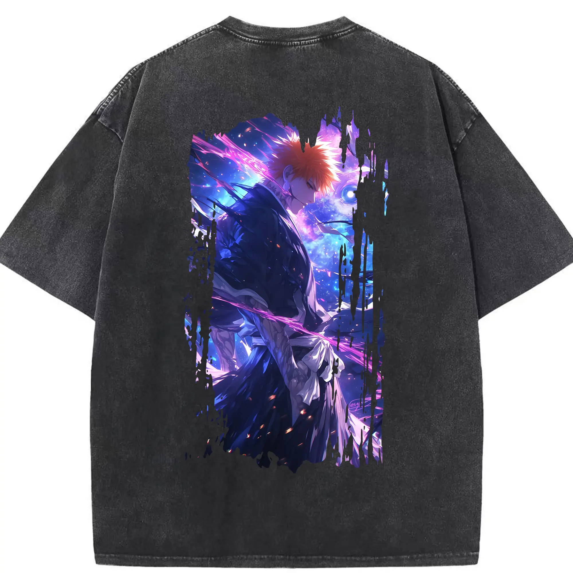 ブリーチ グッズ 黒崎 一護 - 綿100％ ヴィンテージ風 半袖Tシャツ ・ 背面プリント ・ 柔らか肌触り ・ 通気性 快適 ・ スポーツ カジュアル 外出用