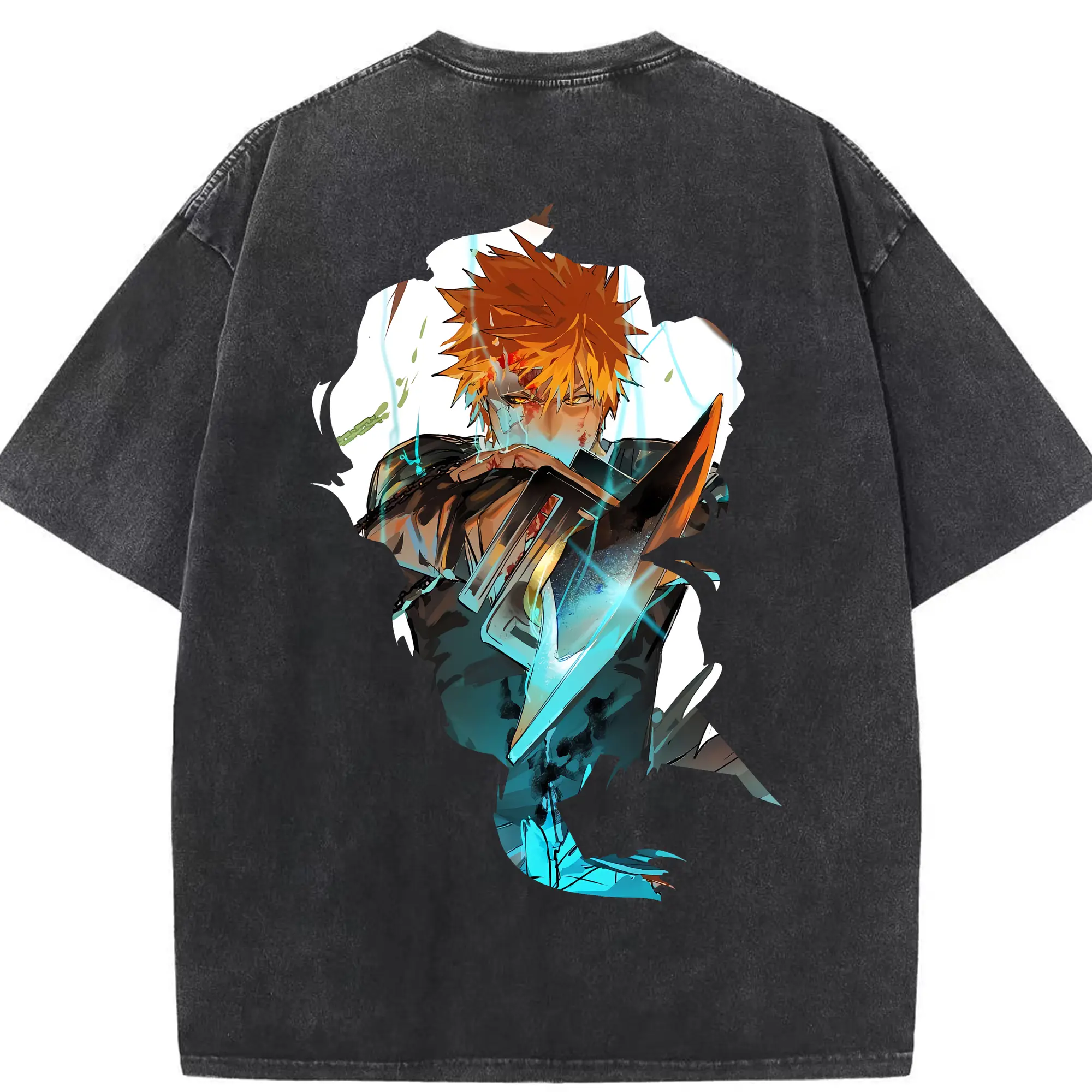 ブリーチ グッズ 黒崎 一護 - 綿100％ ヴィンテージ風 半袖Tシャツ ・ 背面プリント ・ 柔らか肌触り ・ 通気性 快適 ・ スポーツ カジュアル 外出用