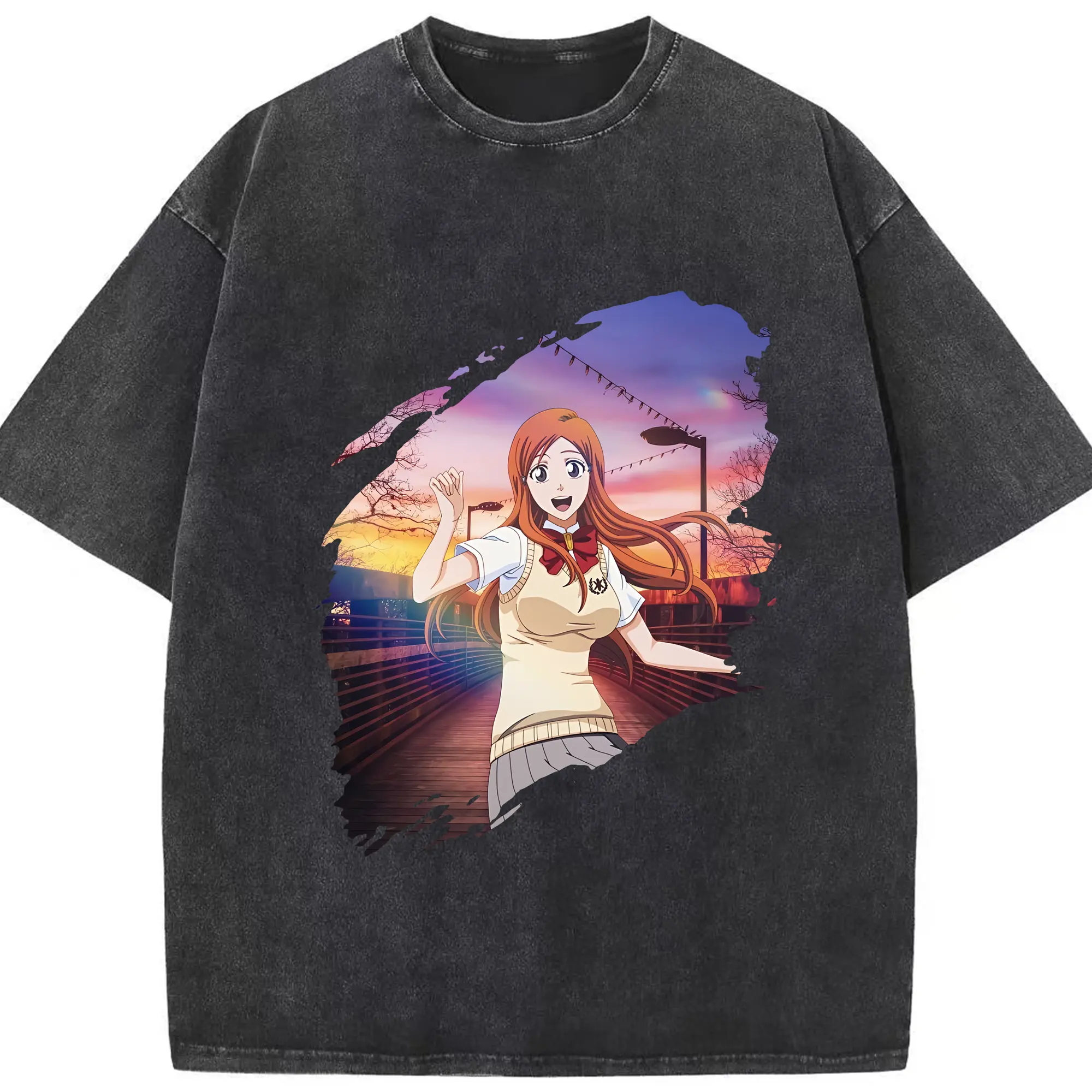 ブリーチ グッズ 井上 織姫 - 綿100％ ヴィンテージ風 半袖Tシャツ ・ フロントプリント ・ 柔らか肌触り ・ 通気性 快適 ・ スポーツ カジュアル 外出用