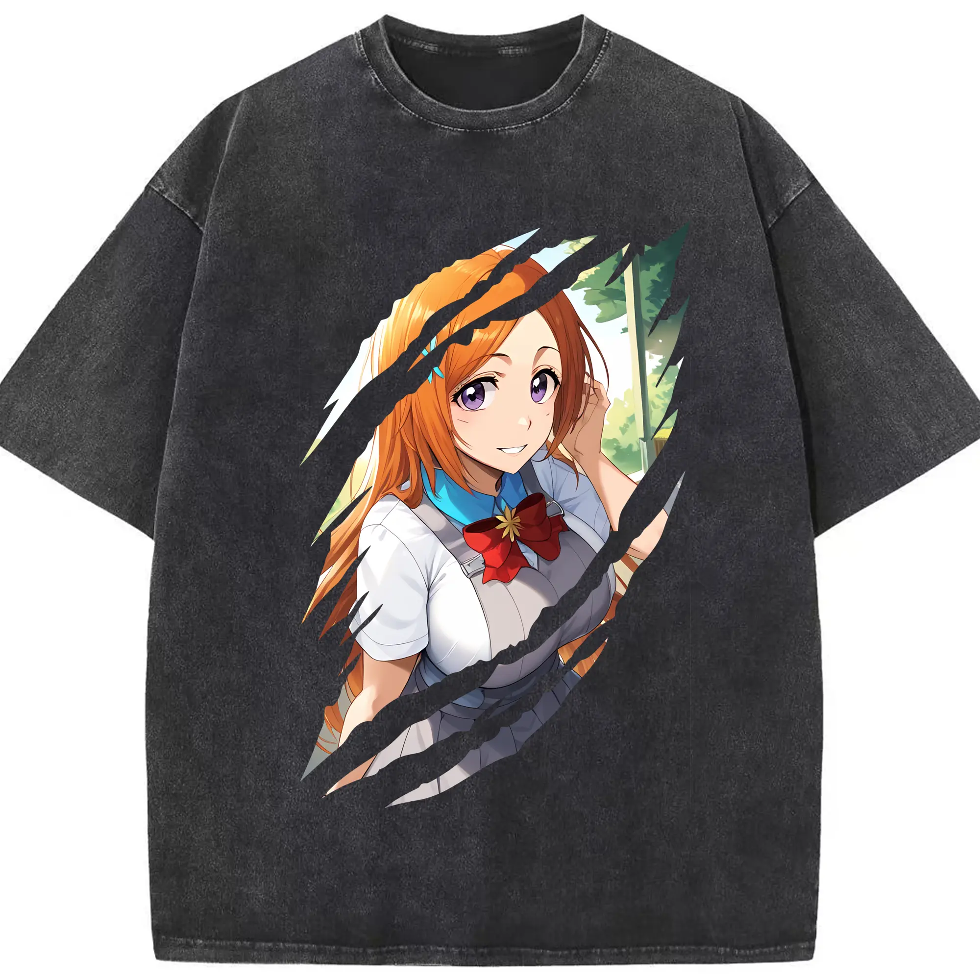 ブリーチ グッズ 井上 織姫 - 綿100％ ヴィンテージ風 半袖Tシャツ ・ フロントプリント ・ 柔らか肌触り ・ 通気性 快適 ・ スポーツ カジュアル 外出用