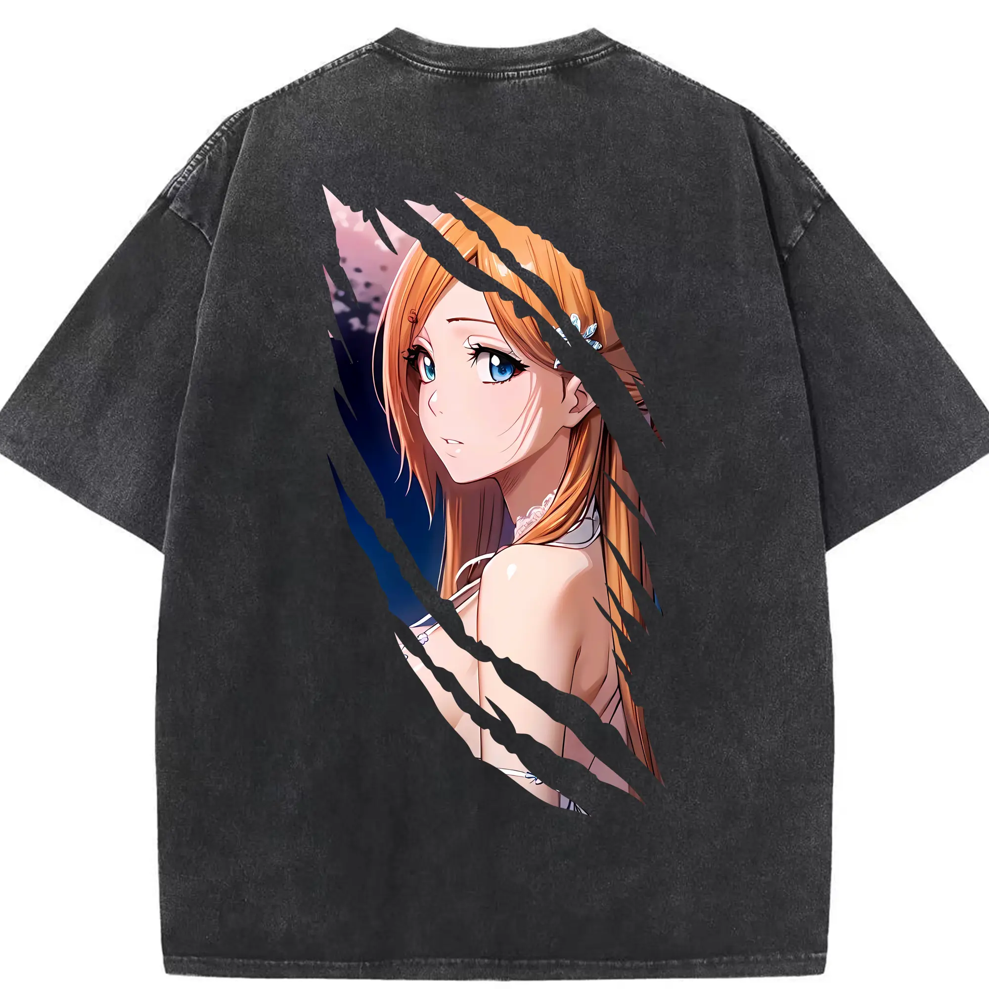 ブリーチ グッズ 井上 織姫 - 綿100％ ヴィンテージ風 半袖Tシャツ ・ 背面プリント ・ 柔らか肌触り ・ 通気性 快適 ・ スポーツ カジュアル 外出用