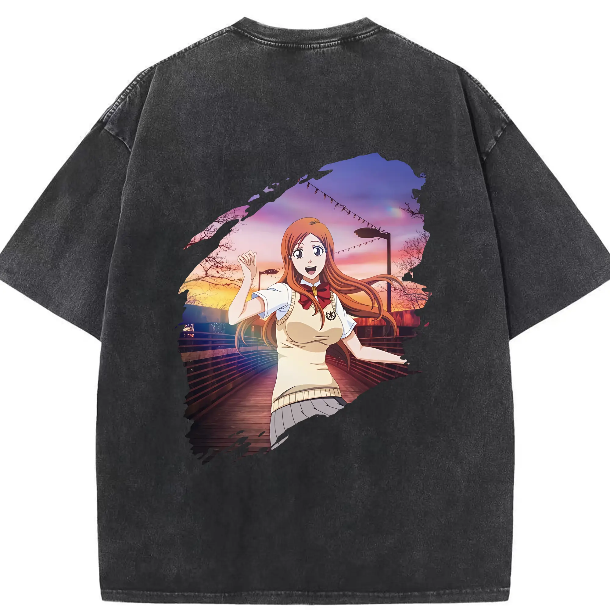 ブリーチ グッズ 井上 織姫 - 綿100％ ヴィンテージ風 半袖Tシャツ ・ 背面プリント ・ 柔らか肌触り ・ 通気性 快適 ・ スポーツ カジュアル 外出用