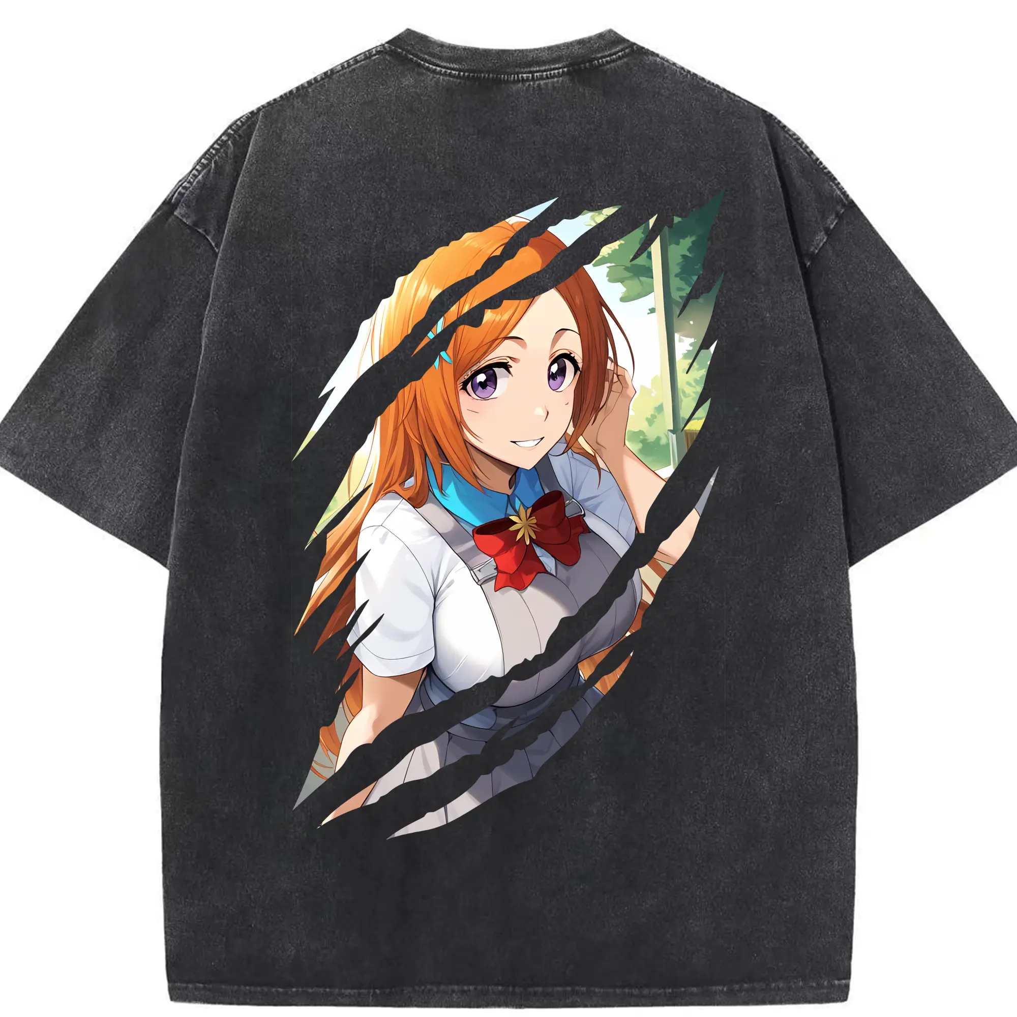 ブリーチ グッズ 井上 織姫 - 綿100％ ヴィンテージ風 半袖Tシャツ ・ 背面プリント ・ 柔らか肌触り ・ 通気性 快適 ・ スポーツ カジュアル 外出用