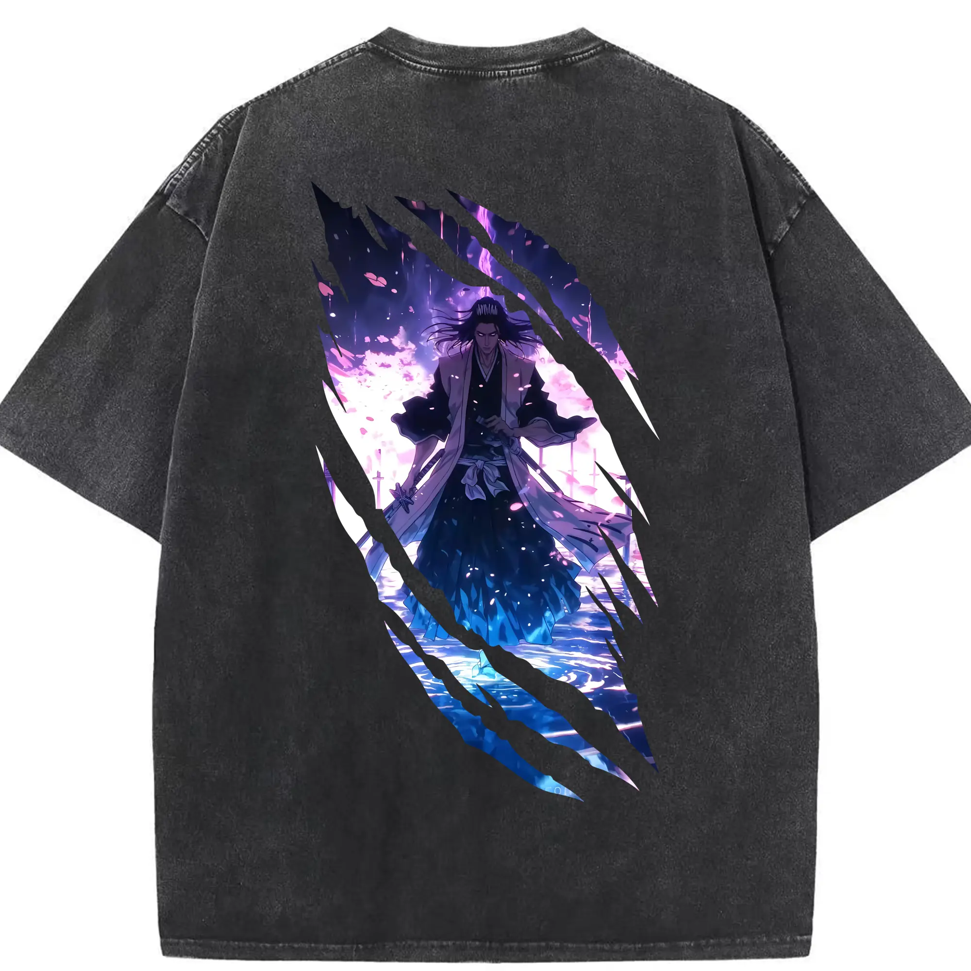 ブリーチ グッズ,朽木 白哉 - 綿100％ ヴィンテージ風 半袖Tシャツ ・ 背面プリント ・ 柔らか肌触り ・ 通気性 快適 ・ スポーツ カジュアル 外出用