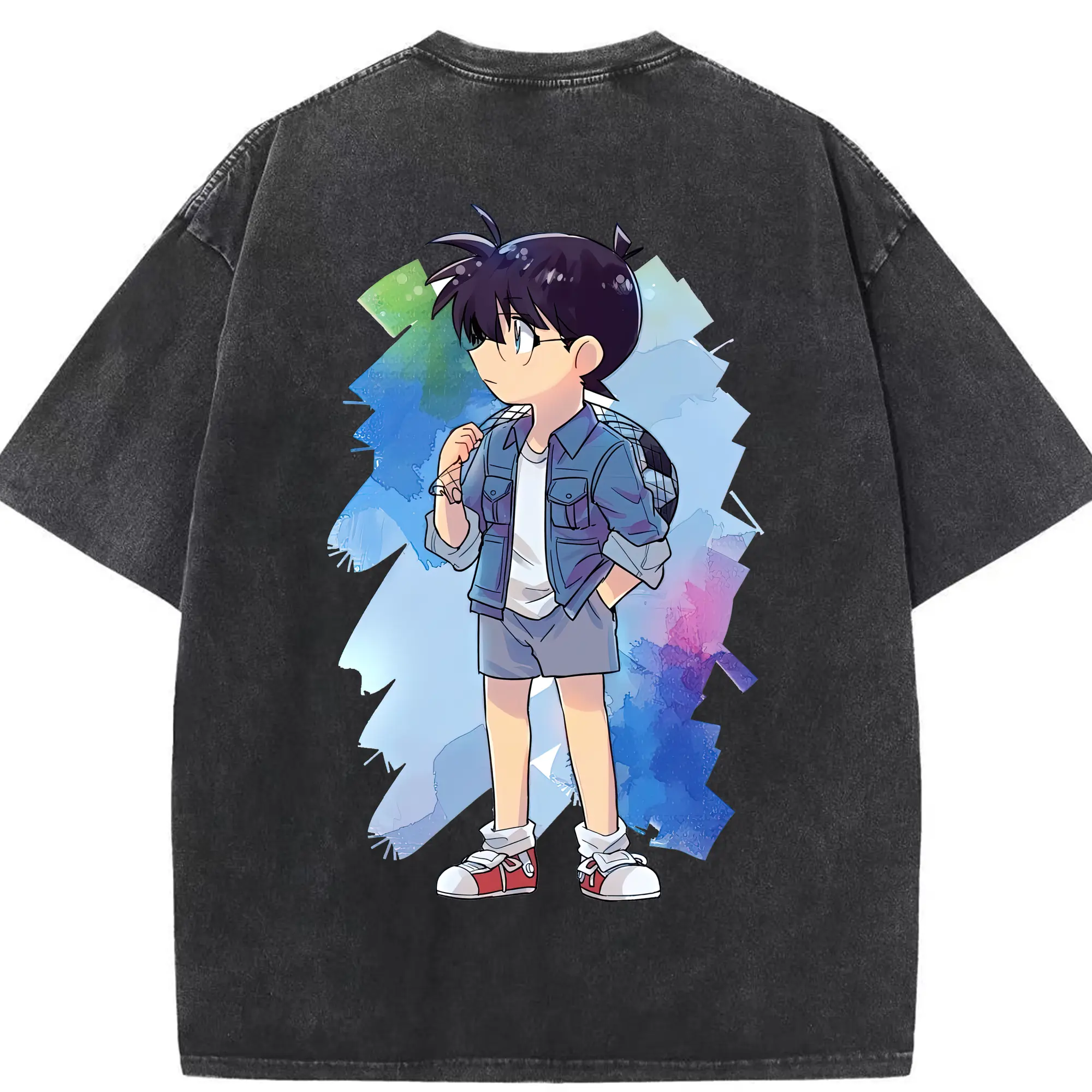 名探偵コナン グッズ 江戸川 コナン - 綿100％ ヴィンテージ風 半袖Tシャツ ・ 背面プリント ・ 柔らか肌触り ・ 通気性 快適 ・ スポーツ カジュアル 外出用