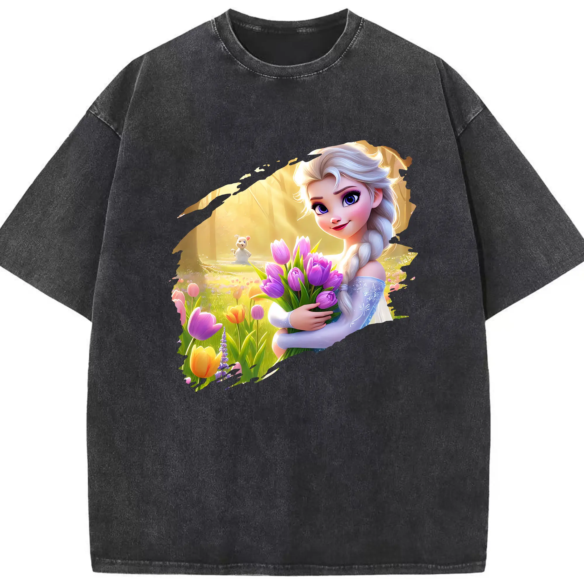 アナと雪の女王(Frozen) グッズ エルサ(Elsa) - 綿100％ ヴィンテージ風 半袖Tシャツ ・ フロントプリント ・ 柔らか肌触り ・ 通気性 快適 ・ スポーツ カジュアル 外出用