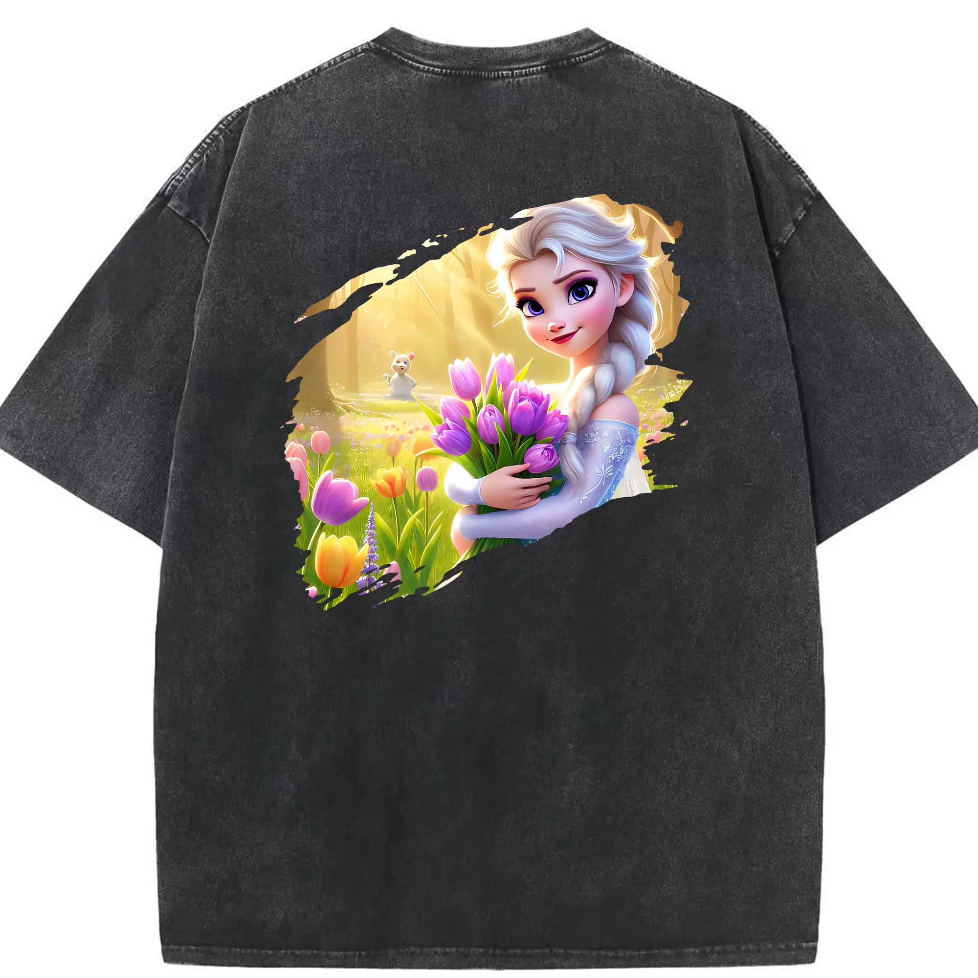 アナと雪の女王(Frozen) グッズ エルサ(Elsa) - 綿100％ ヴィンテージ風 半袖Tシャツ ・ 背面プリント ・ 柔らか肌触り ・ 通気性 快適 ・ スポーツ カジュアル 外出用