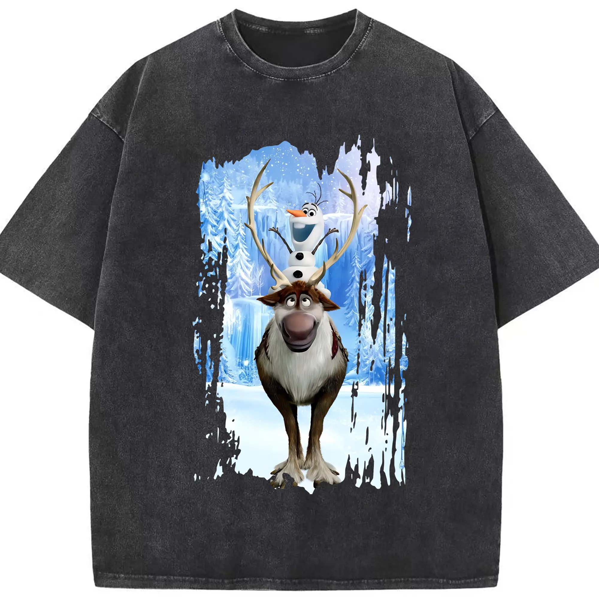 アナと雪の女王(Frozen) グッズ スヴェン(Sven) - 綿100％ ヴィンテージ風 半袖Tシャツ ・ フロントプリント ・ 柔らか肌触り ・ 通気性 快適 ・ スポーツ カジュアル 外出用
