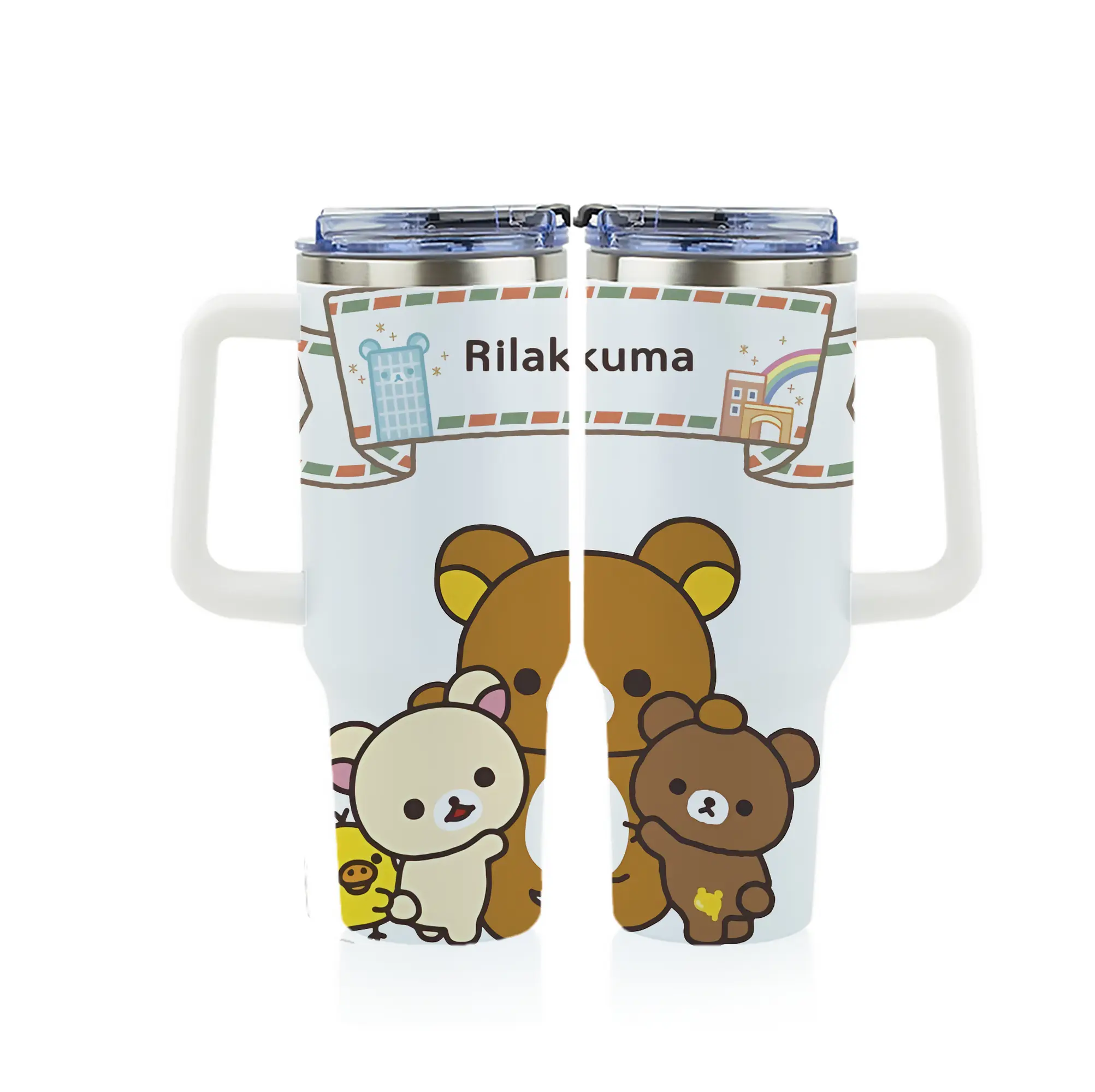 リラックマ (Rilakkuma) グッズ リラックマ (Rilakkuma) - 1200mL フルプリント車用タンブラー ・ 304ステンレス 内側 ・ 201ステンレス 外側 ・ 保温 保冷 ・ 通勤 ドライブ アウトドア用