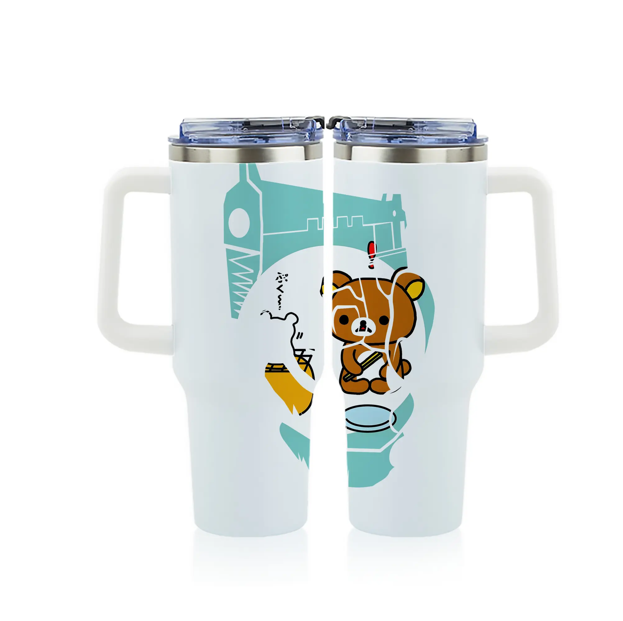 リラックマ (Rilakkuma) グッズ リラックマ (Rilakkuma) - 1200mL フルプリント車用タンブラー ・ 304ステンレス 内側 ・ 201ステンレス 外側 ・ 保温 保冷 ・ 通勤 ドライブ アウトドア用