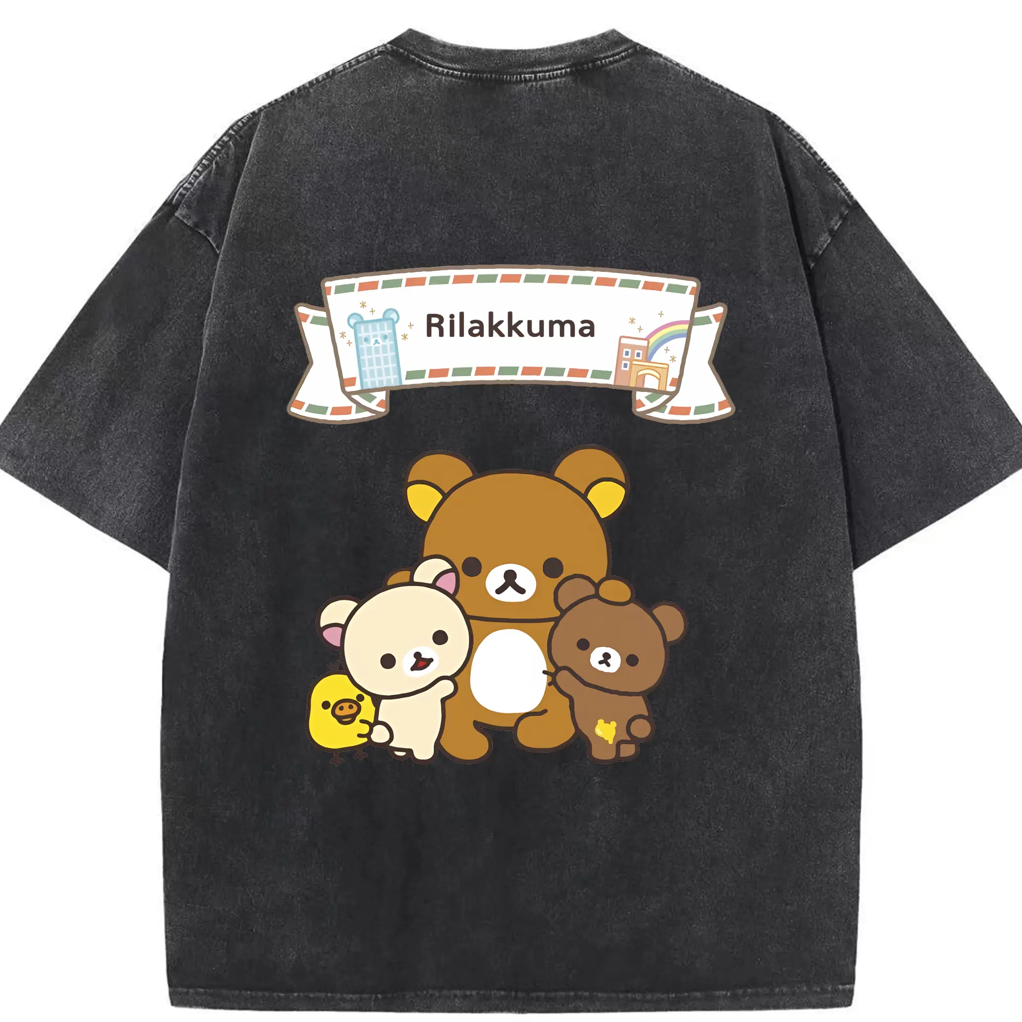 リラックマ (Rilakkuma) グッズ リラックマ (Rilakkuma) - 綿100％ ヴィンテージ風 半袖Tシャツ ・ 背面プリント ・ 柔らか肌触り ・ 通気性 快適 ・ スポーツ カジュアル 外出用