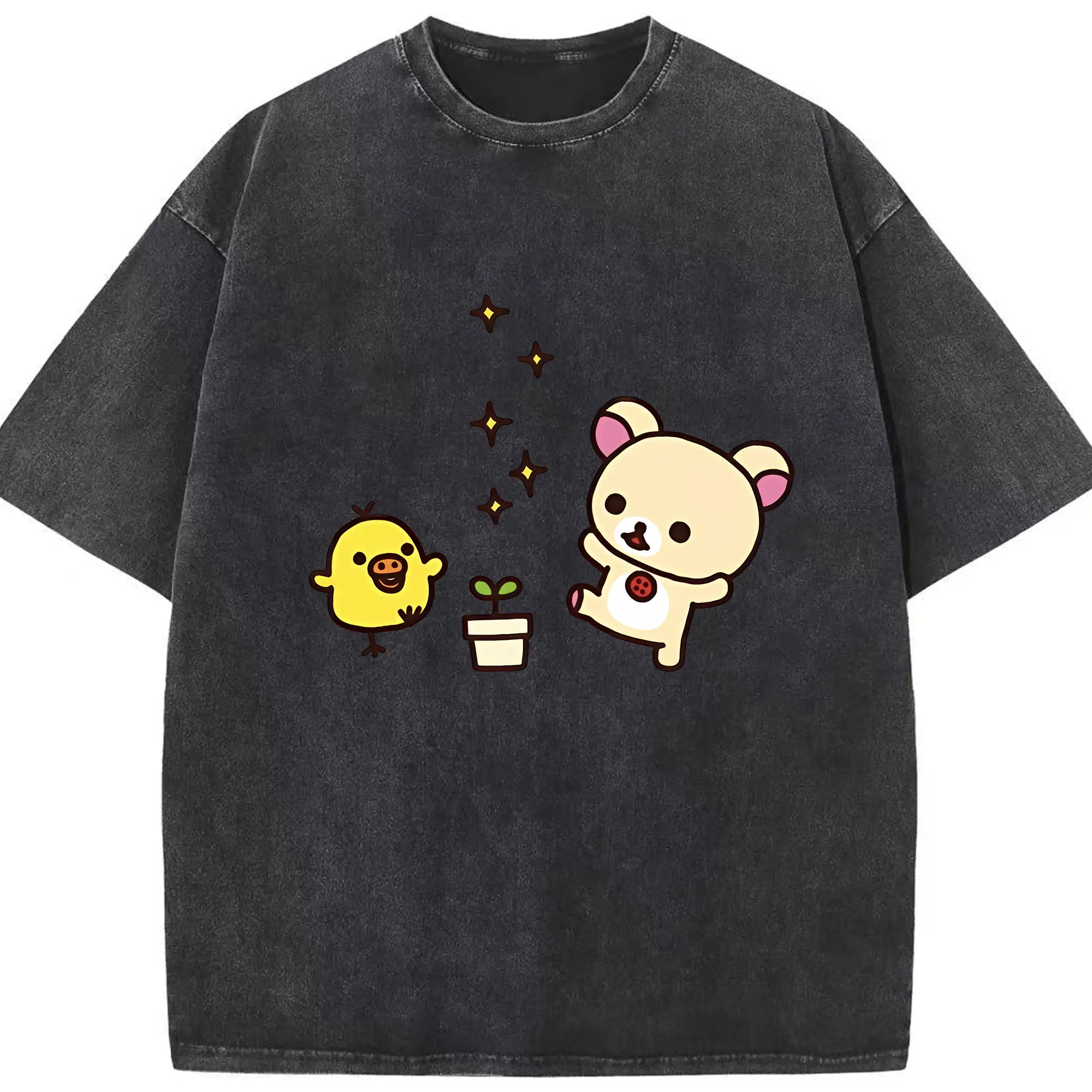 リラックマ (Rilakkuma) グッズ キイロイトリ (Kiiroitori) - 綿100％ ヴィンテージ風 半袖Tシャツ ・ フロントプリント ・ 柔らか肌触り ・ 通気性 快適 ・ スポーツ カジュアル 外出用