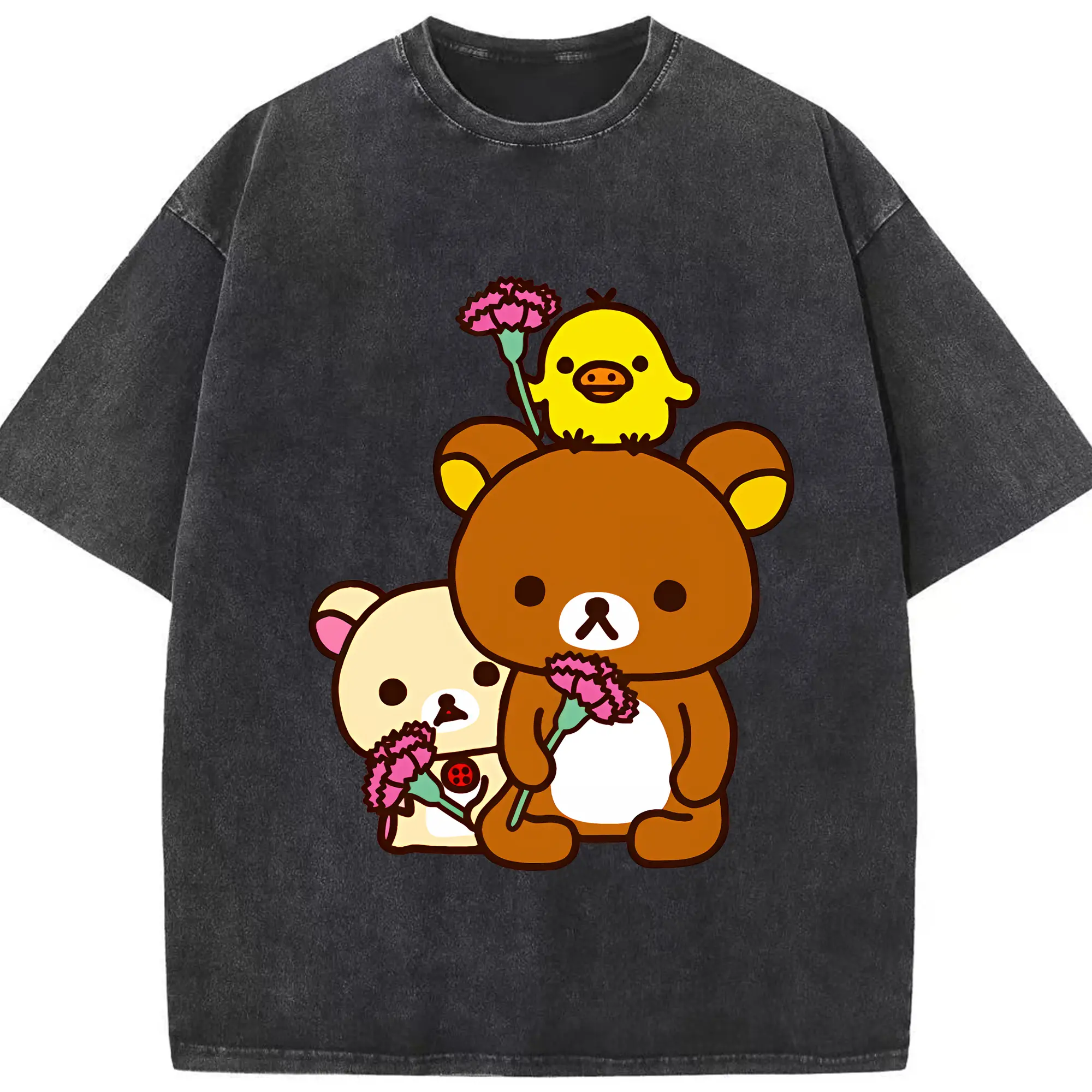リラックマ (Rilakkuma) グッズ キイロイトリ (Kiiroitori) - 綿100％ ヴィンテージ風 半袖Tシャツ ・ フロントプリント ・ 柔らか肌触り ・ 通気性 快適 ・ スポーツ カジュアル 外出用