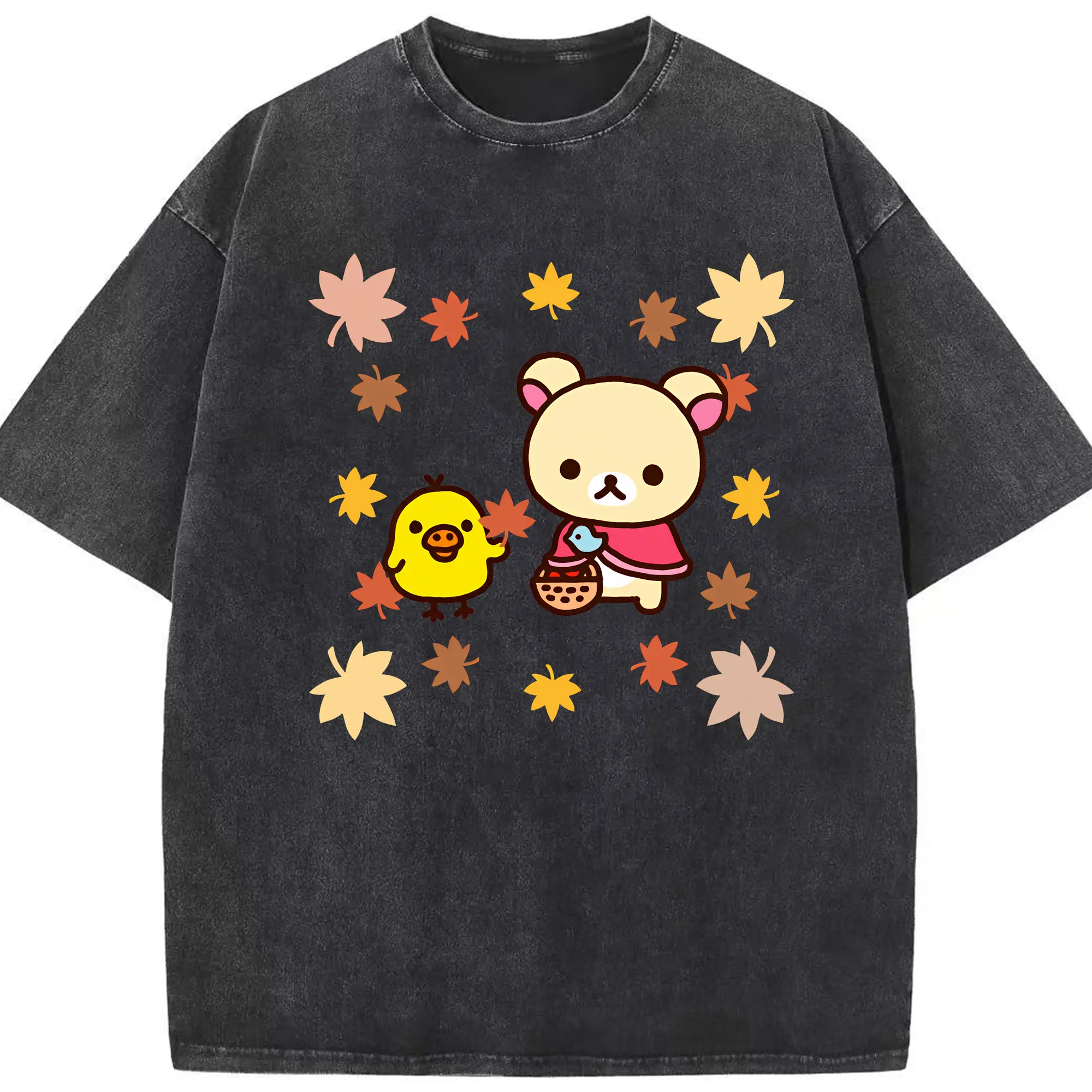 リラックマ (Rilakkuma) グッズ キイロイトリ (Kiiroitori) - 綿100％ ヴィンテージ風 半袖Tシャツ ・ フロントプリント ・ 柔らか肌触り ・ 通気性 快適 ・ スポーツ カジュアル 外出用