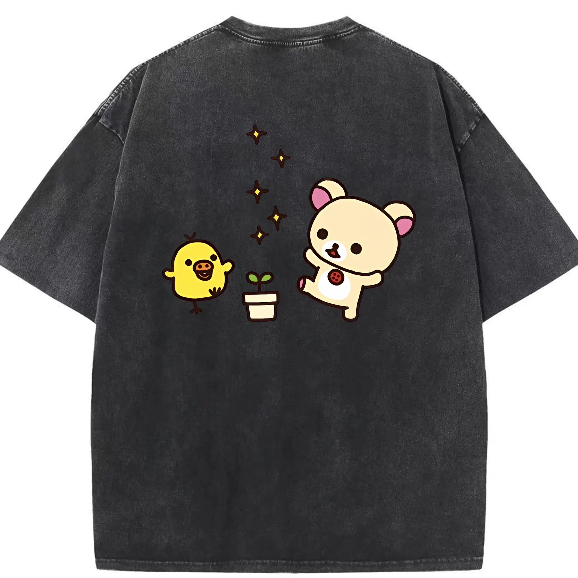 リラックマ (Rilakkuma) グッズ キイロイトリ (Kiiroitori) - 綿100％ ヴィンテージ風 半袖Tシャツ ・ 背面プリント ・ 柔らか肌触り ・ 通気性 快適 ・ スポーツ カジュアル 外出用