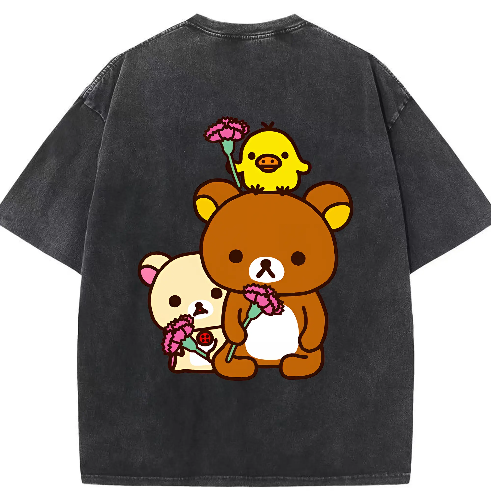 リラックマ (Rilakkuma) グッズ キイロイトリ (Kiiroitori) - 綿100％ ヴィンテージ風 半袖Tシャツ ・ 背面プリント ・ 柔らか肌触り ・ 通気性 快適 ・ スポーツ カジュアル 外出用